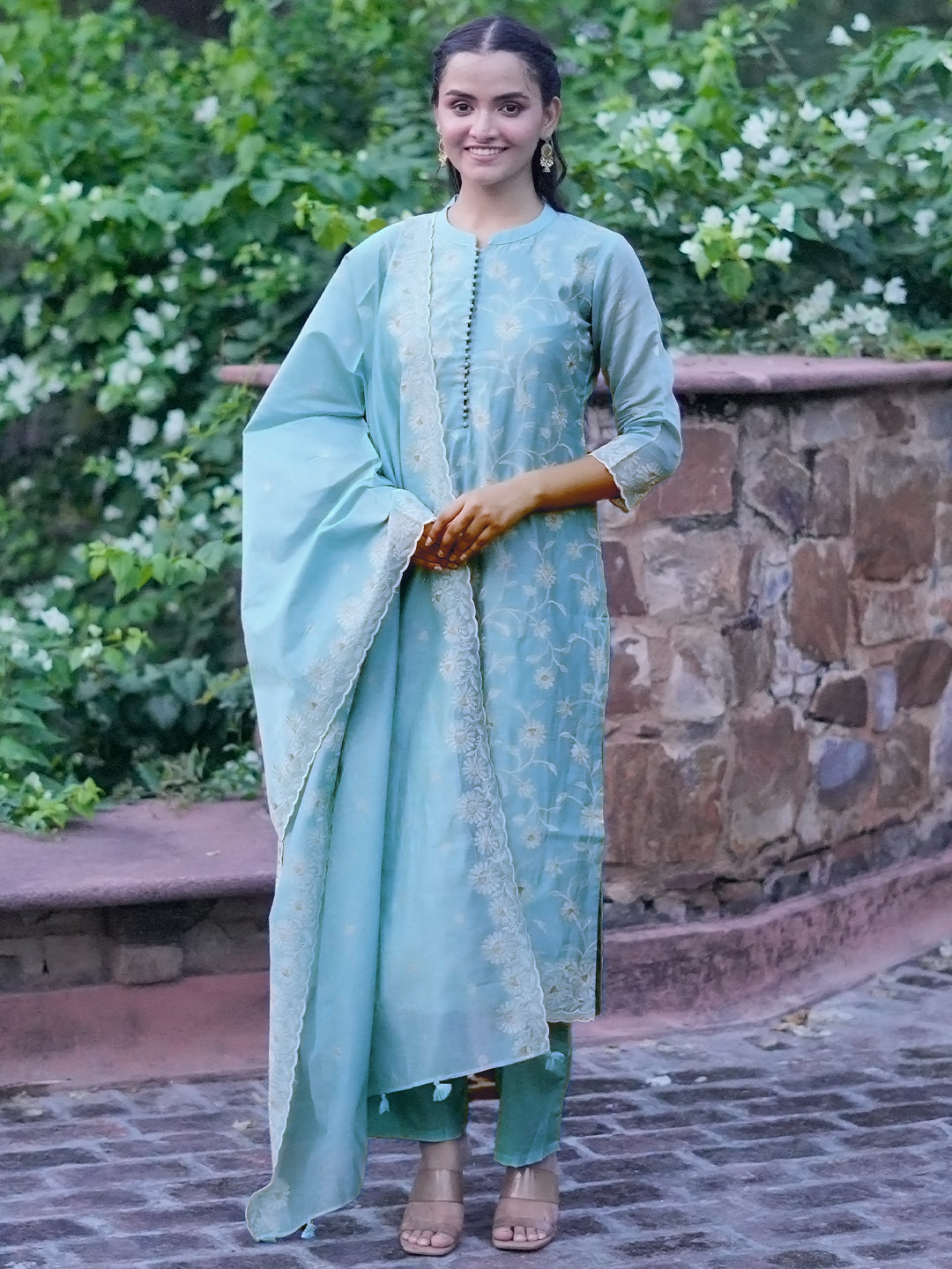 Libas Art Blue Embroidered Chanderi Silk Straight Suit With Dupatta