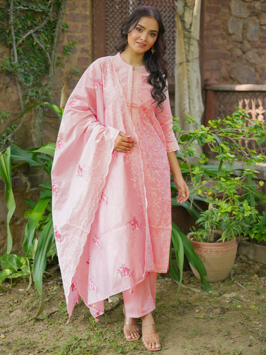 Libas Art Pink Embroidered Chanderi Silk Straight Suit With Dupatta