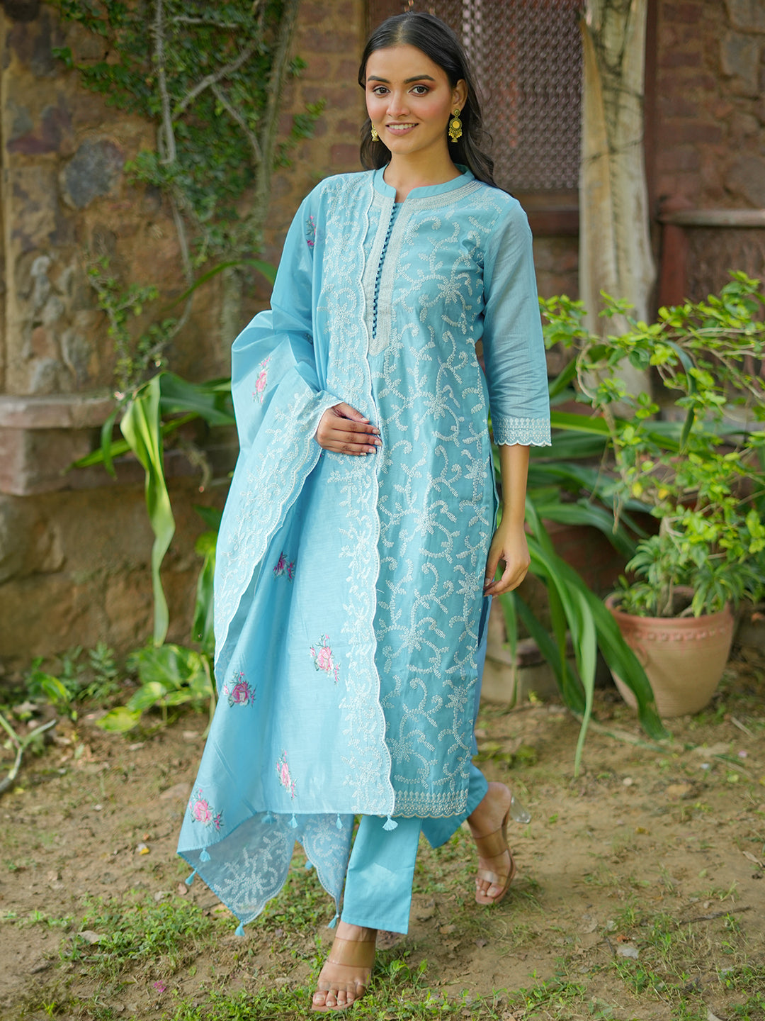 Libas Art Blue Embroidered Chanderi Silk Straight Suit With Dupatta