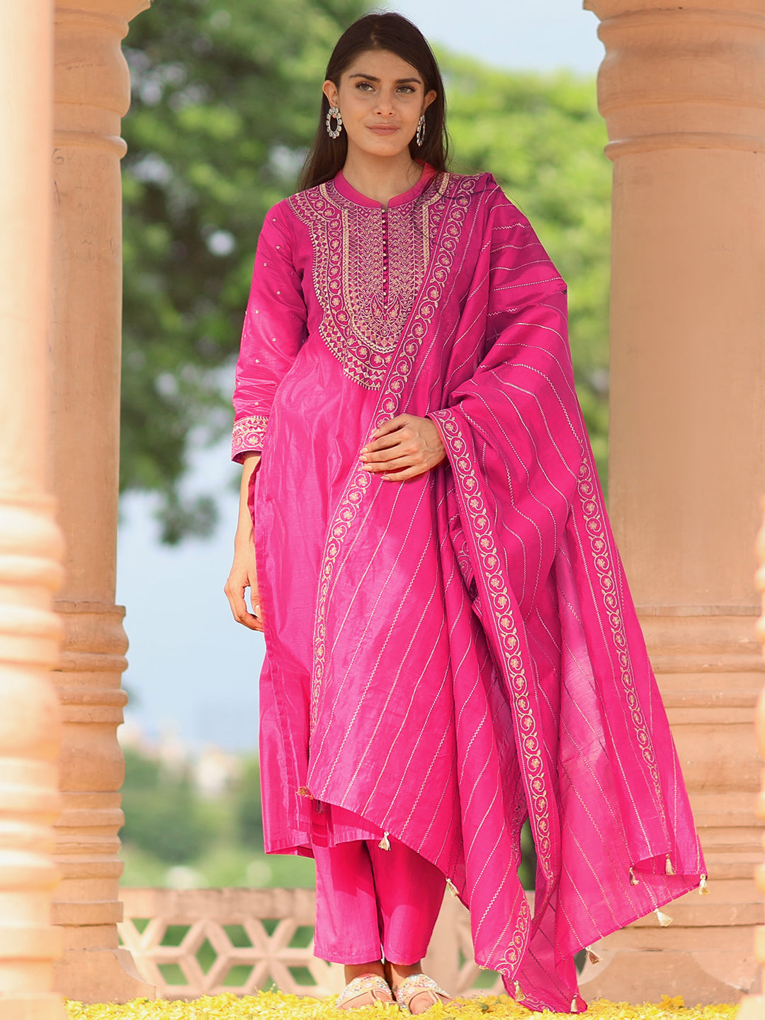 Libas Art Pink Yoke Design Chanderi Silk Straight Suit With Dupatta