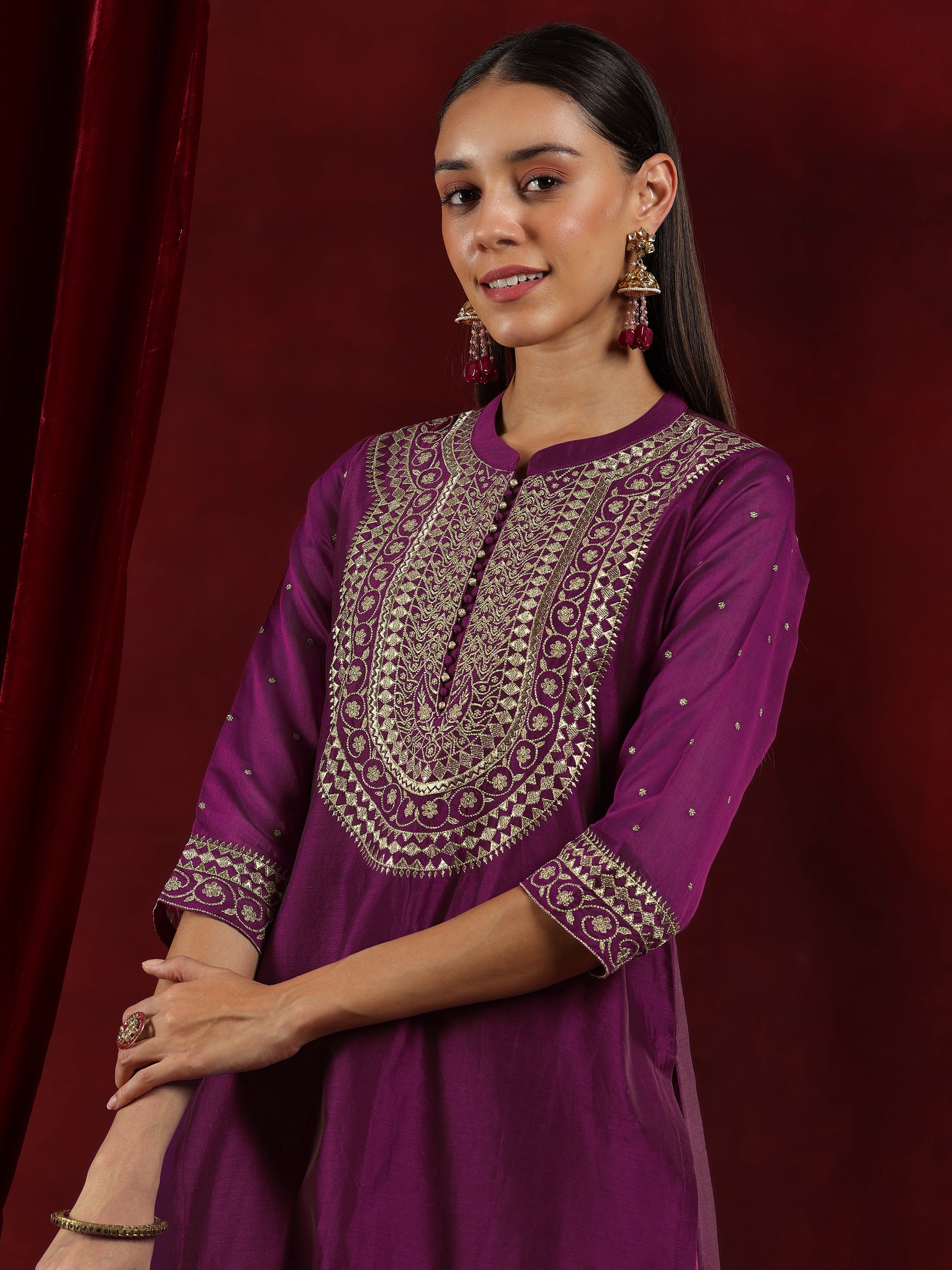 Libas Art Wine Yoke Design Chanderi Silk Straight Suit With Dupatta