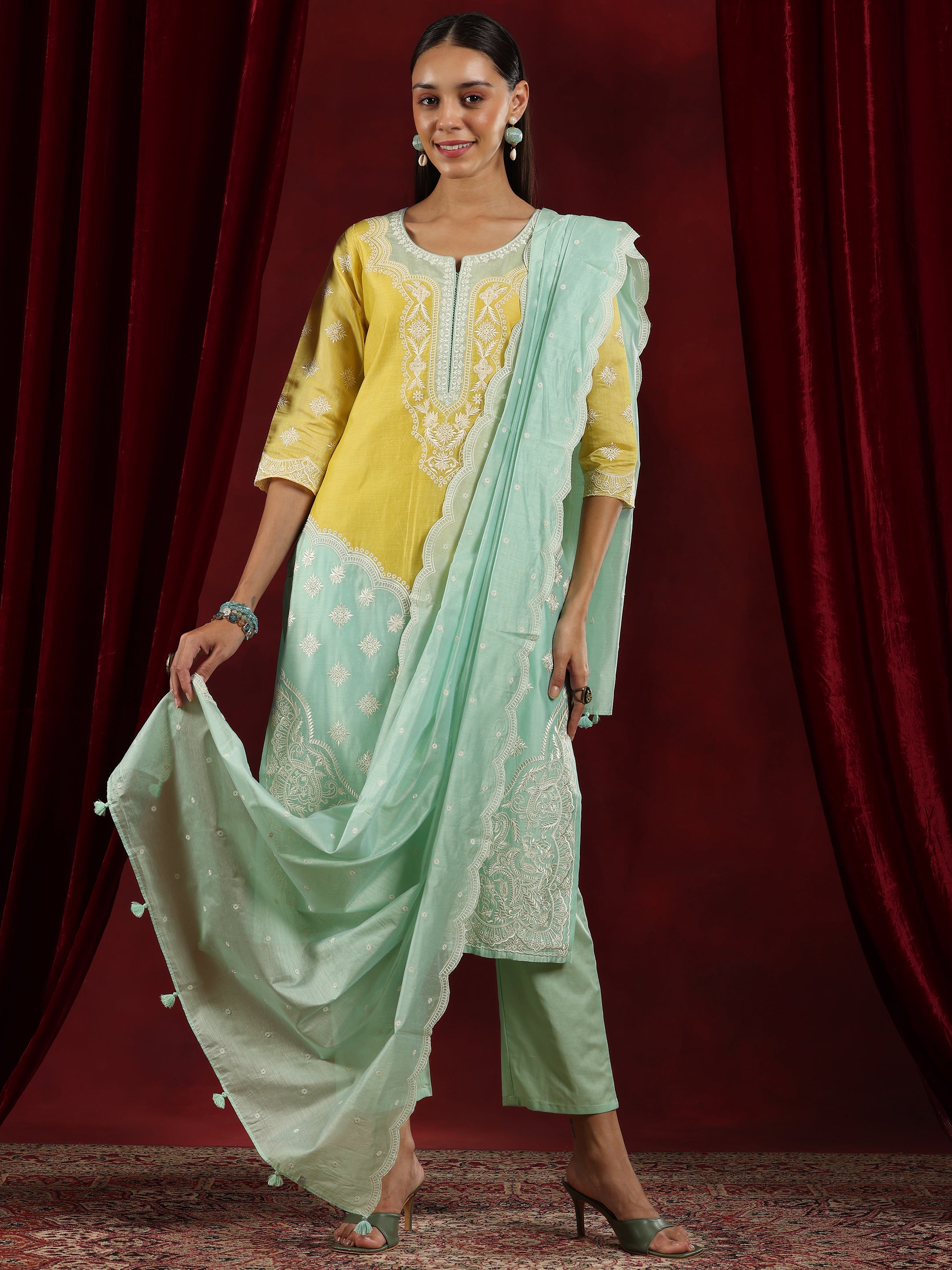 Libas Art Sea Green Yoke Design Chanderi Silk Straight Suit With Dupatta