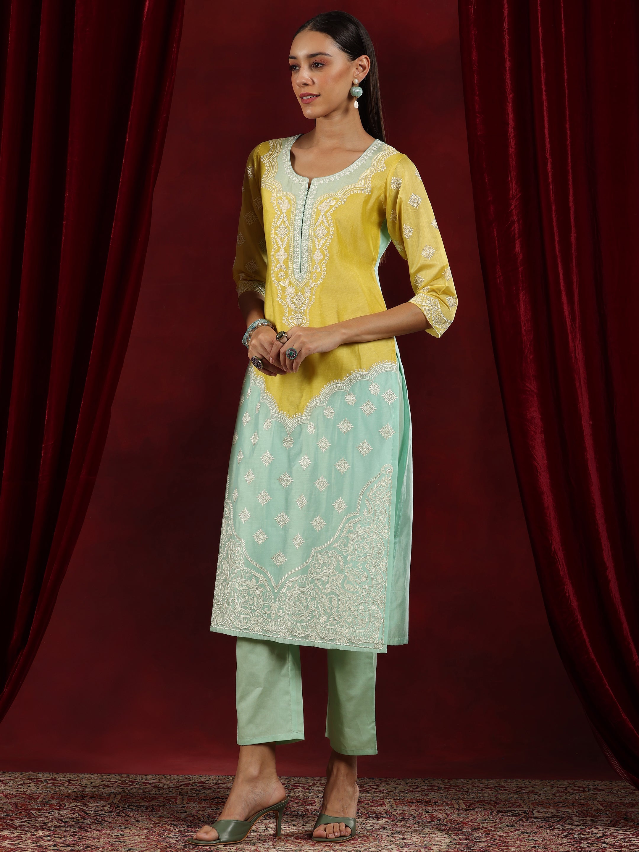 Libas Art Sea Green Yoke Design Chanderi Silk Straight Suit With Dupatta