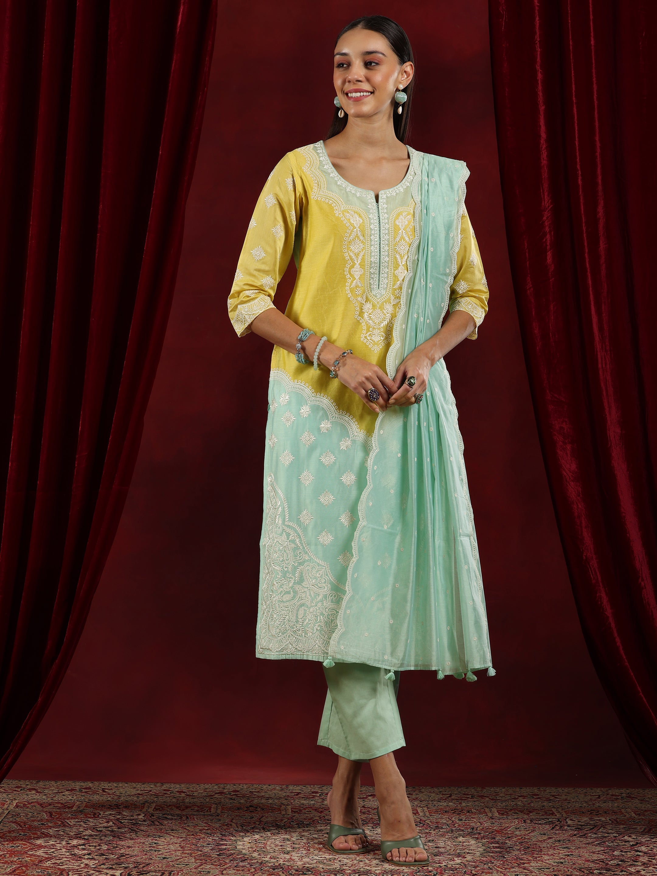 Libas Art Sea Green Yoke Design Chanderi Silk Straight Suit With Dupatta