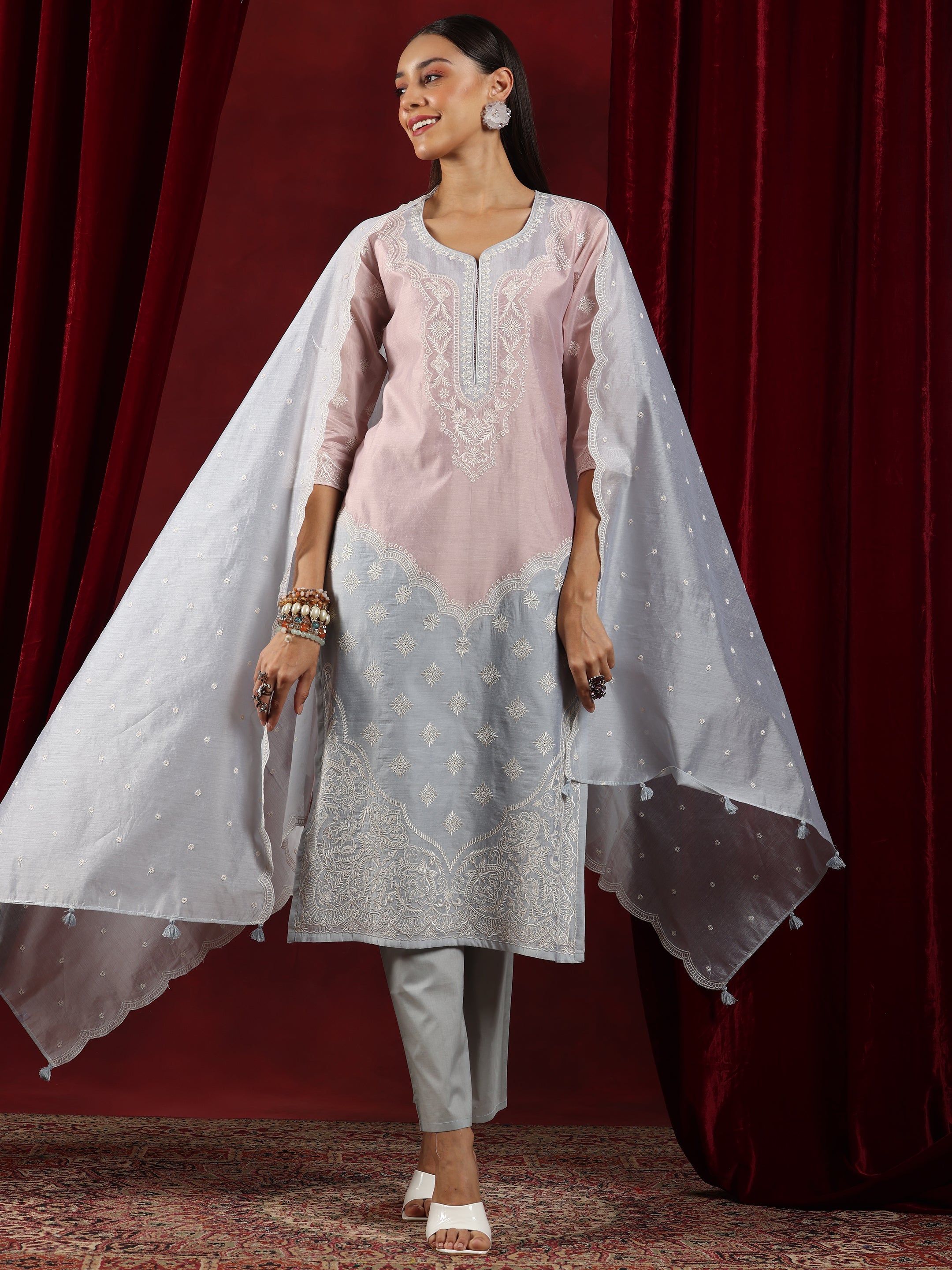 Libas Art Grey Yoke Design Chanderi Silk Straight Suit With Dupatta