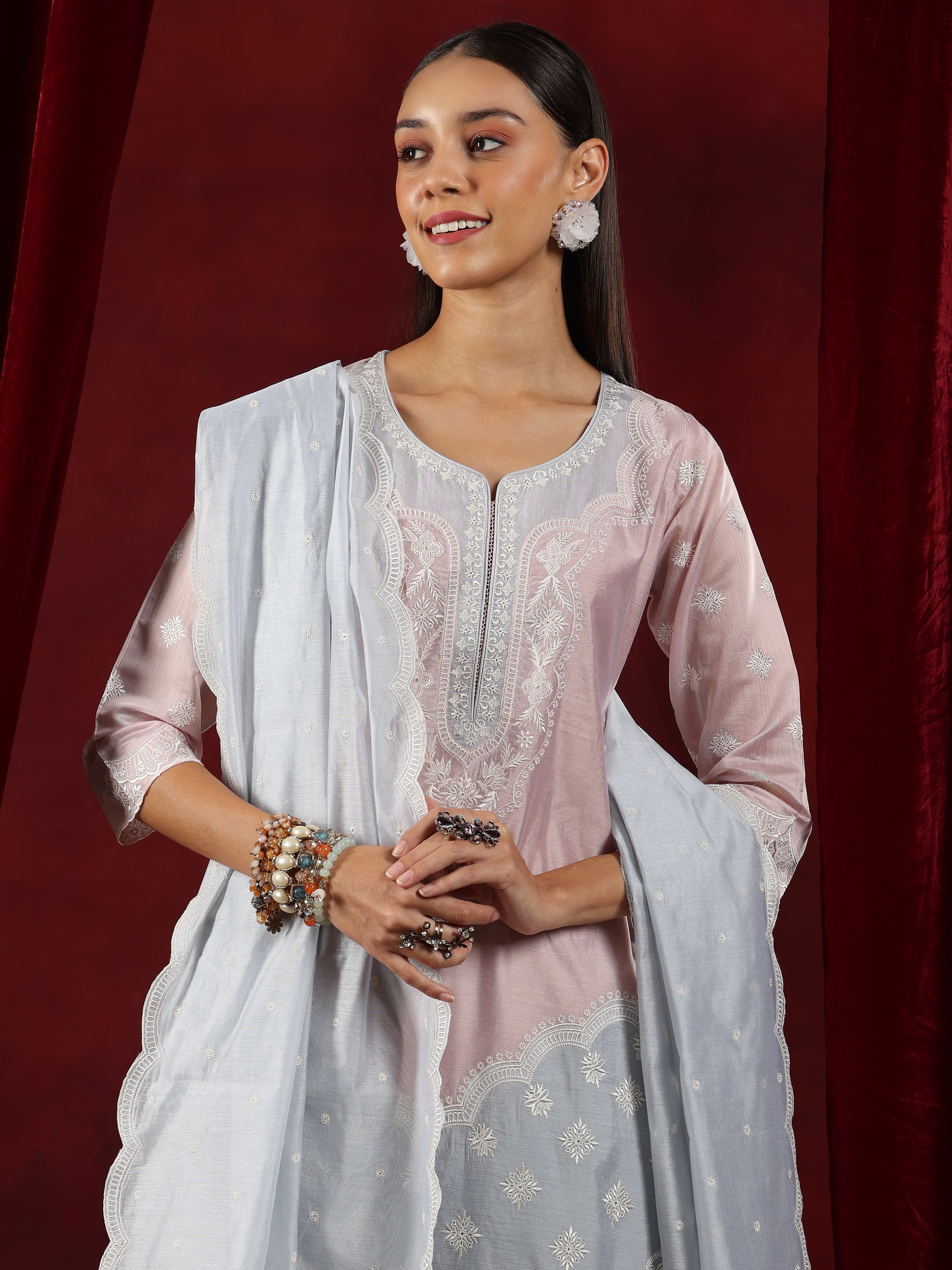 Libas Art Grey Yoke Design Chanderi Silk Straight Suit With Dupatta