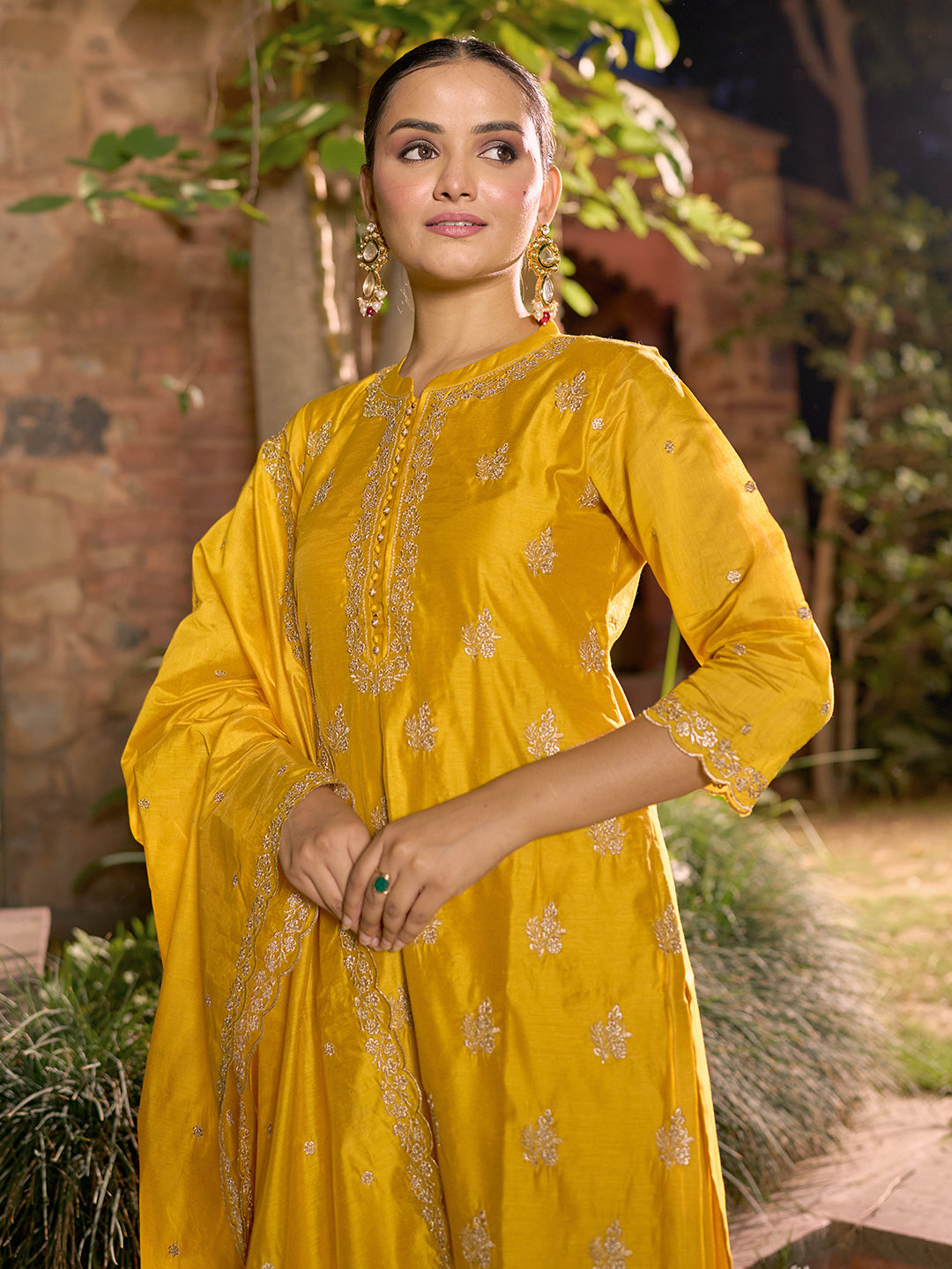 Libas Art Mustard Embroidered Chanderi Silk Straight Suit With Dupatta