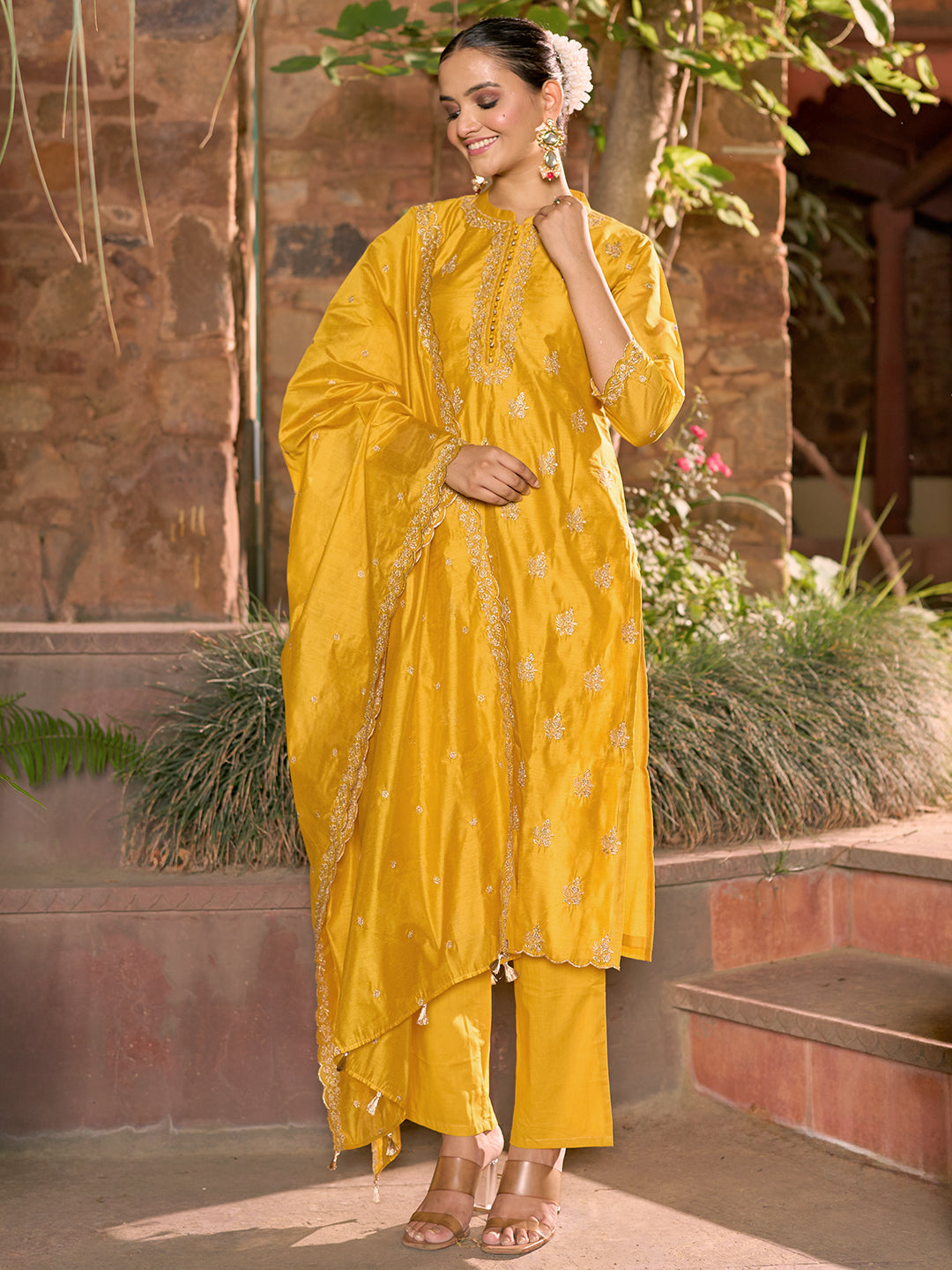 Libas Art Mustard Embroidered Chanderi Silk Straight Suit With Dupatta