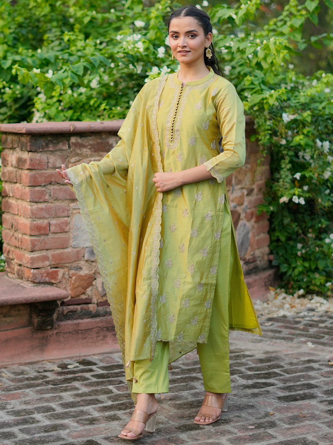 Libas Art Green Embroidered Chanderi Silk Straight Suit With Dupatta