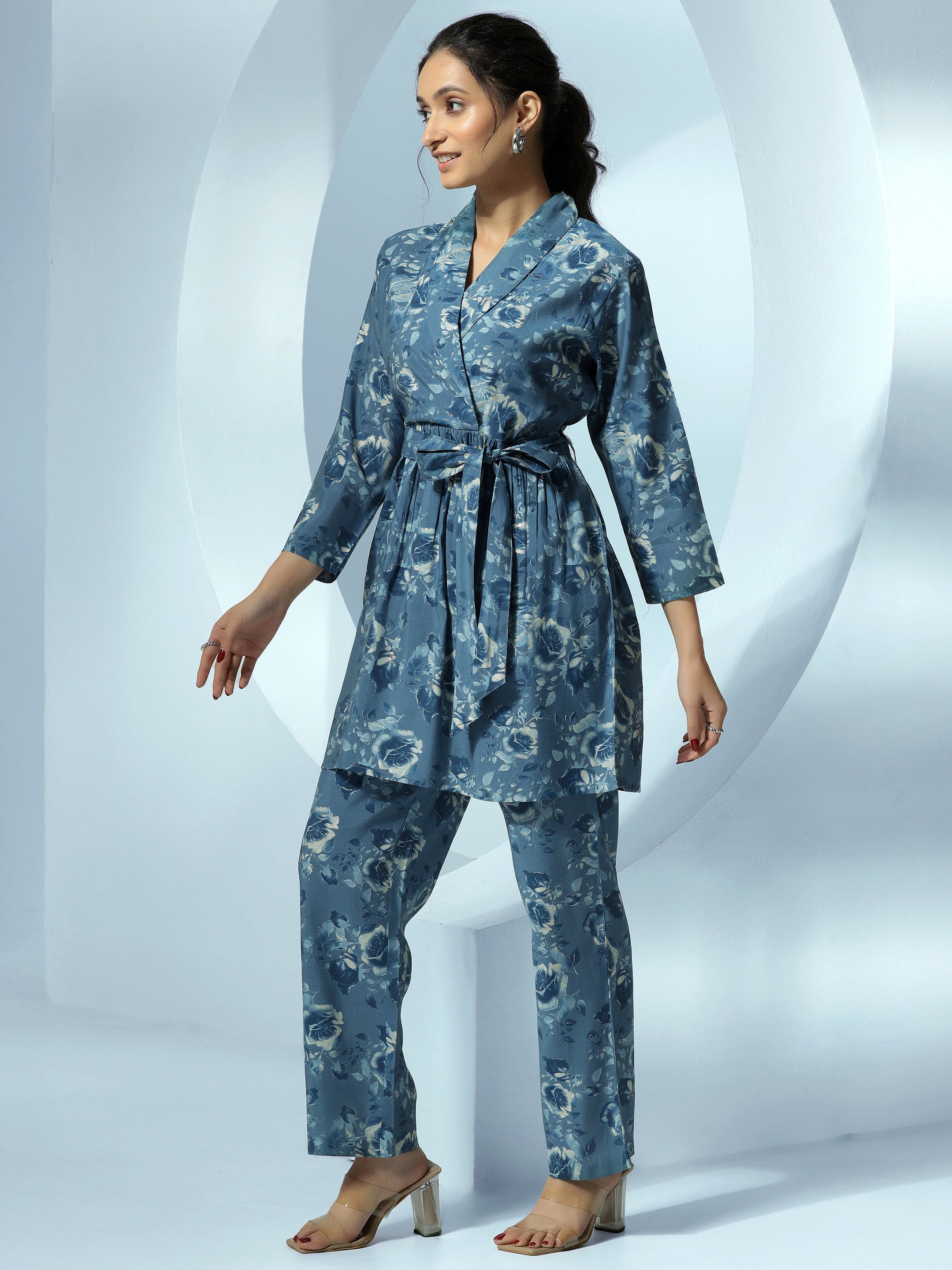 Blue Printed Silk Blend Co-Ords