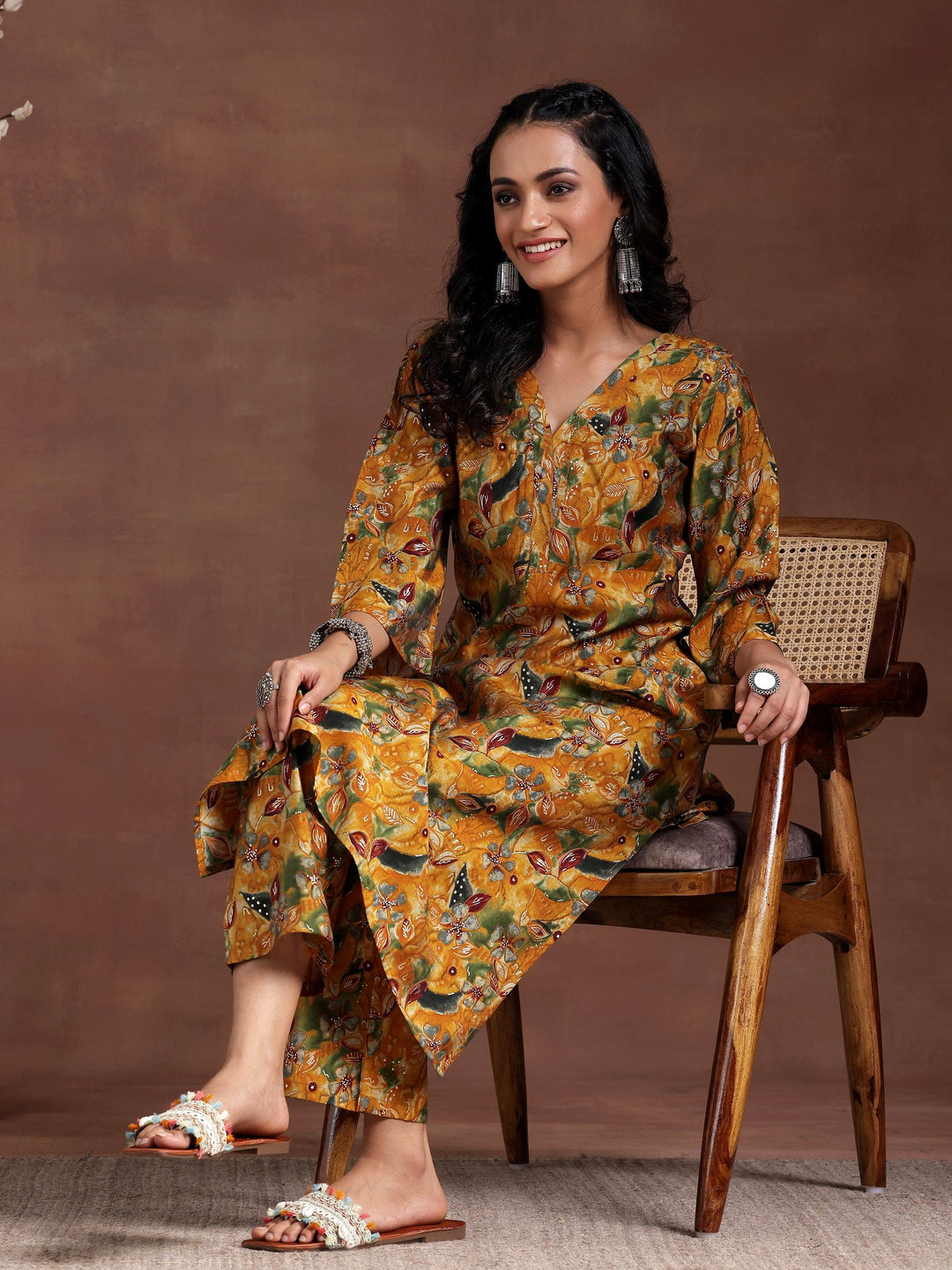 Mustard Printed Silk Blend Co-Ords - Libas