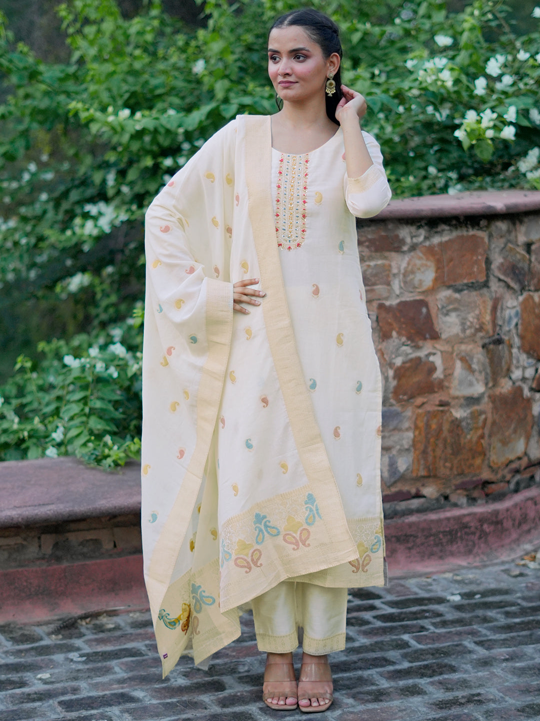 Off White Woven Design Cotton Straight Suit With Dupatta