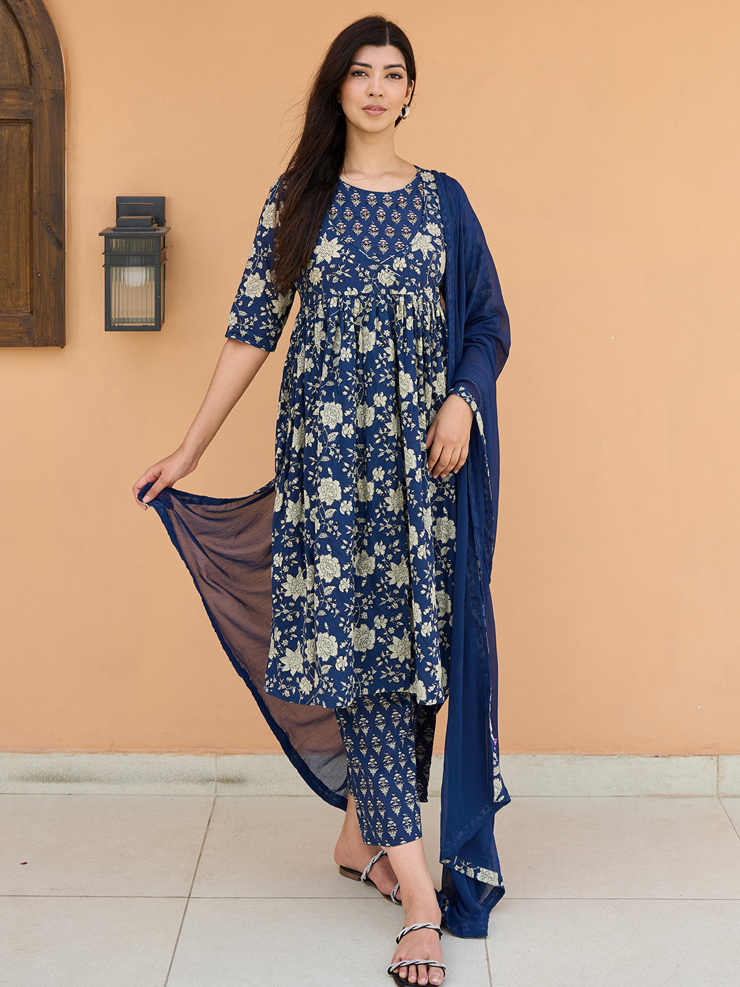 Blue Printed Pure Cotton Anarkali Suit With Dupatta