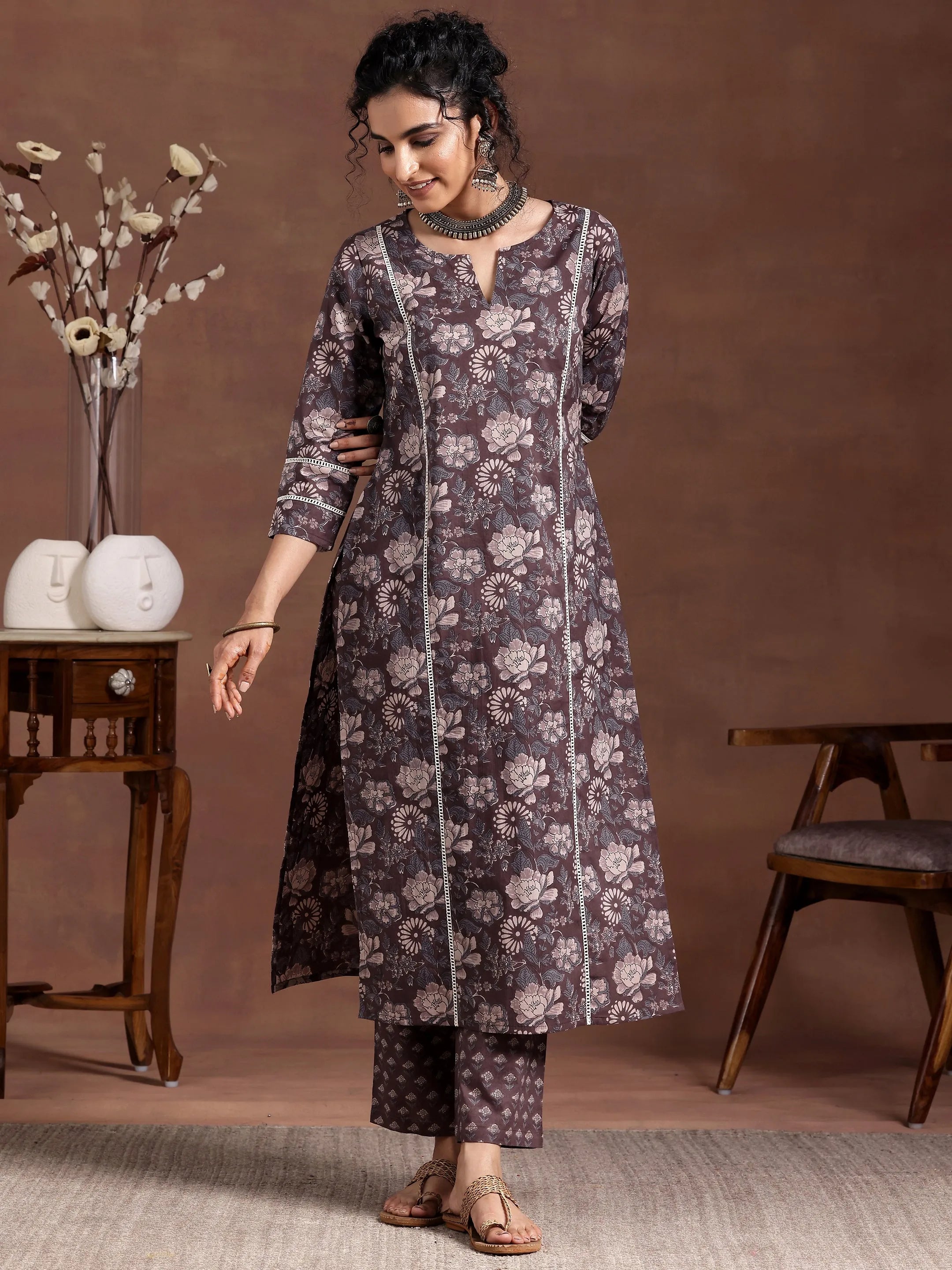 Brown Printed Cotton Straight Kurta Set