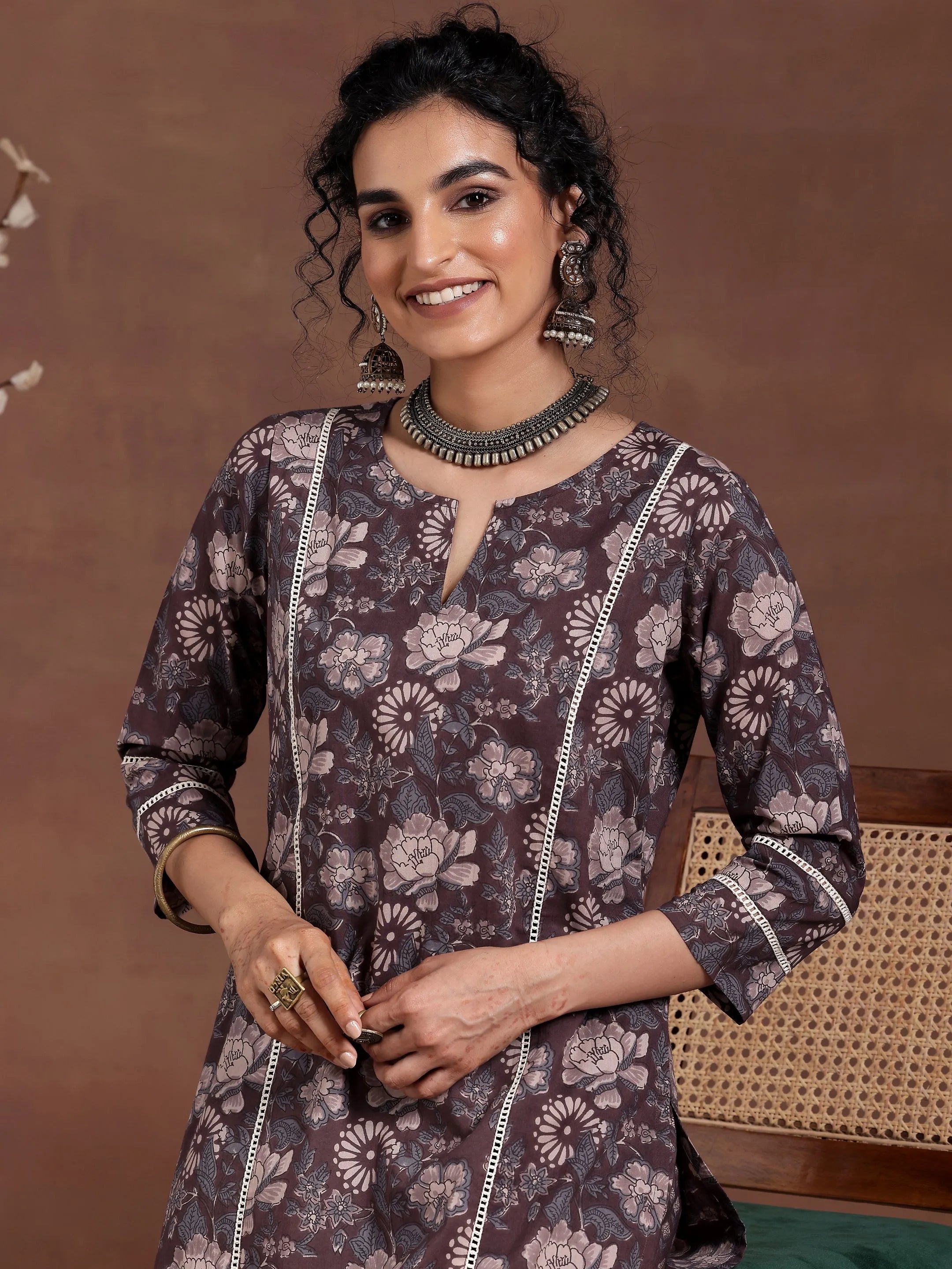 Brown Printed Cotton Straight Kurta Set