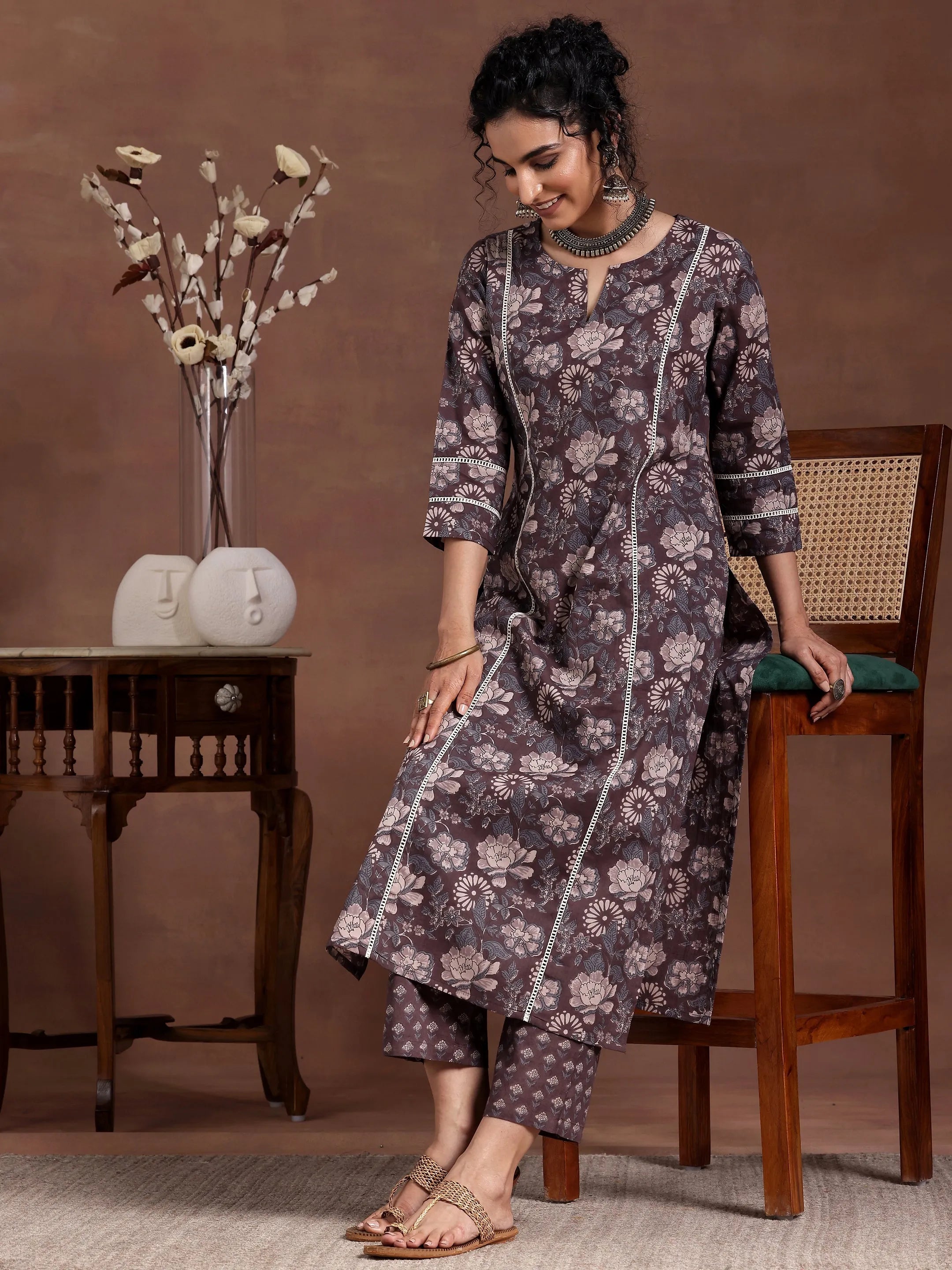 Brown Printed Cotton Straight Kurta Set