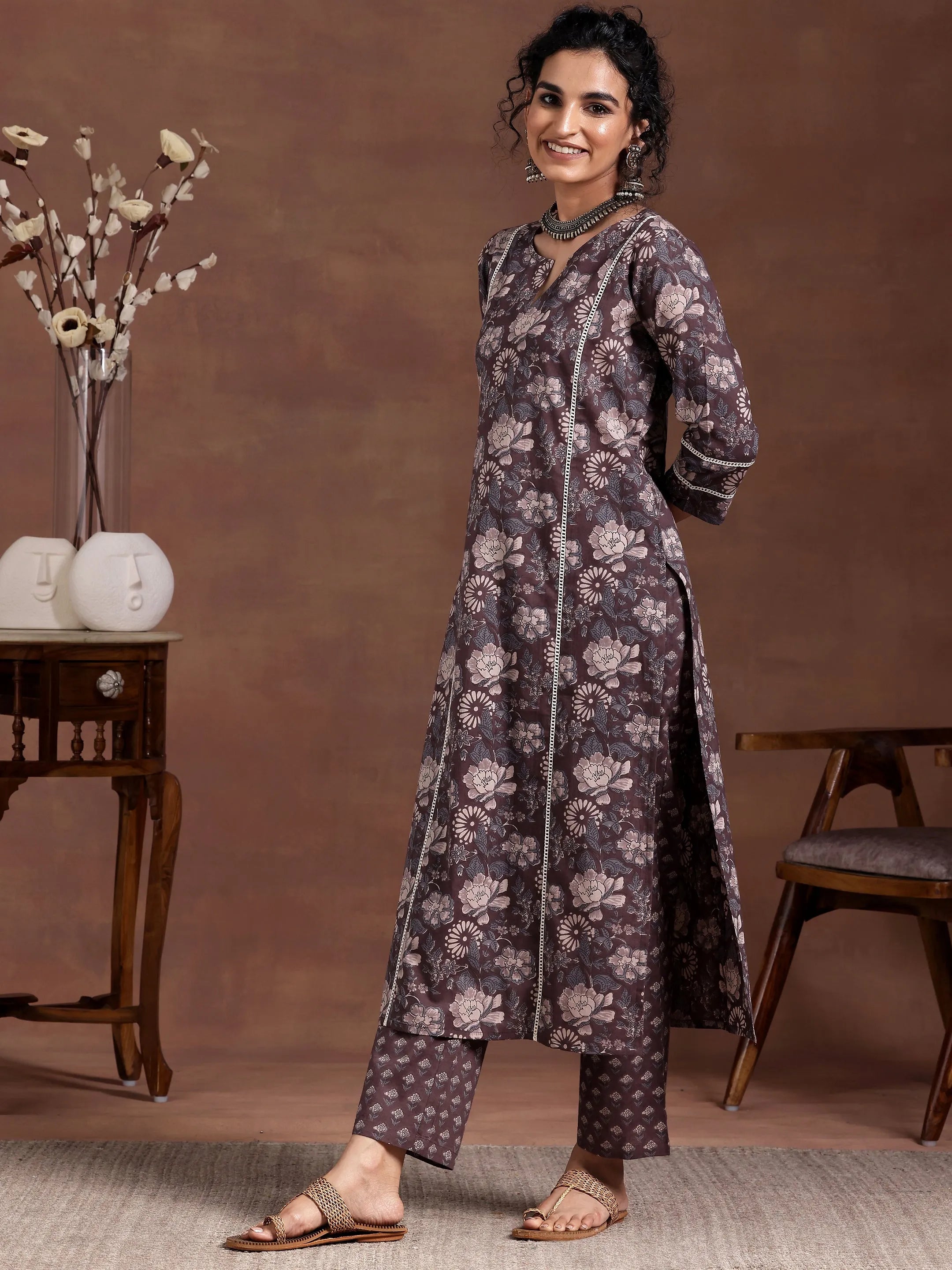 Brown Printed Cotton Straight Kurta Set