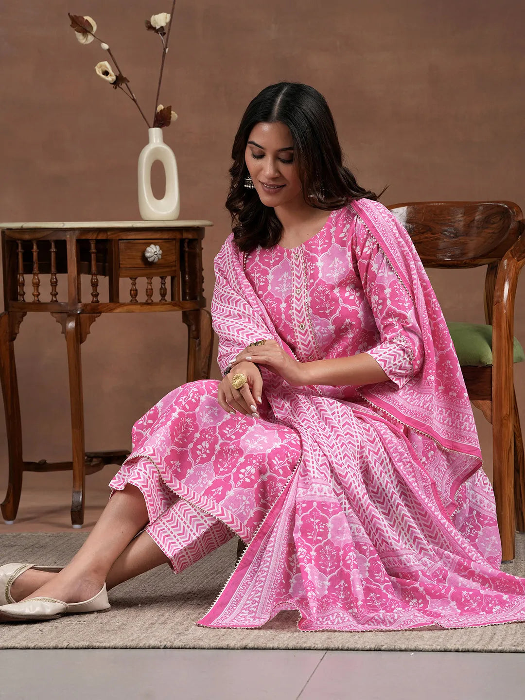 Pink Printed Cotton Straight Suit With Dupatta