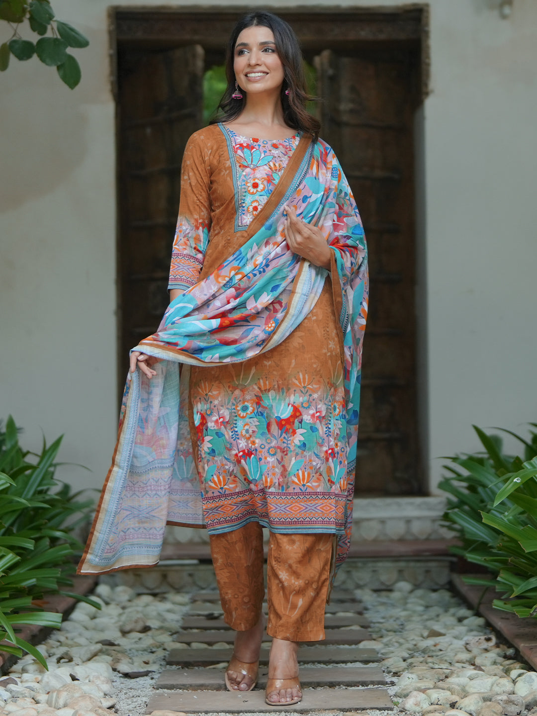 Mustard Printed Linen Straight Suit With Dupatta