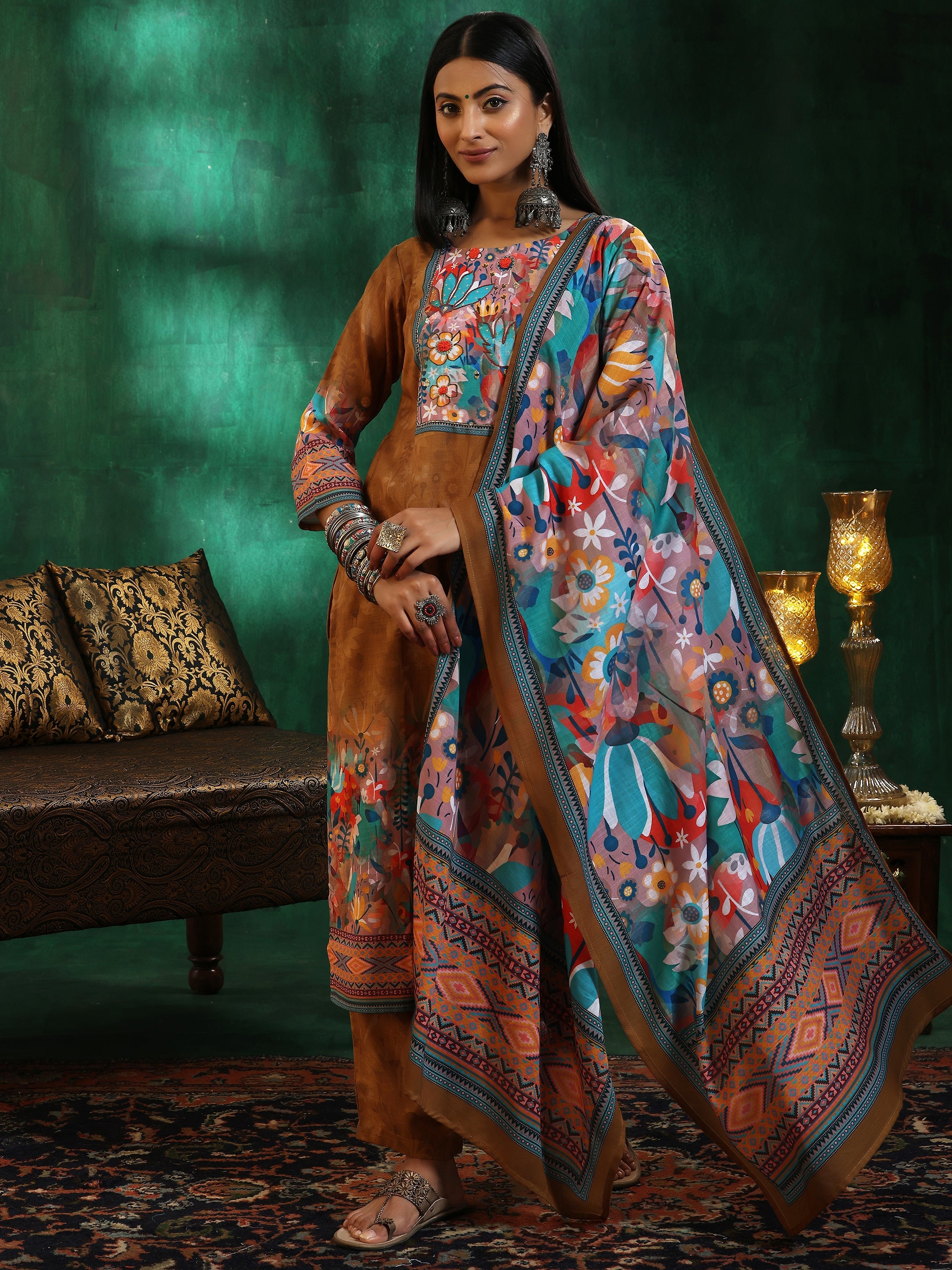 Mustard Printed Linen Straight Suit With Dupatta