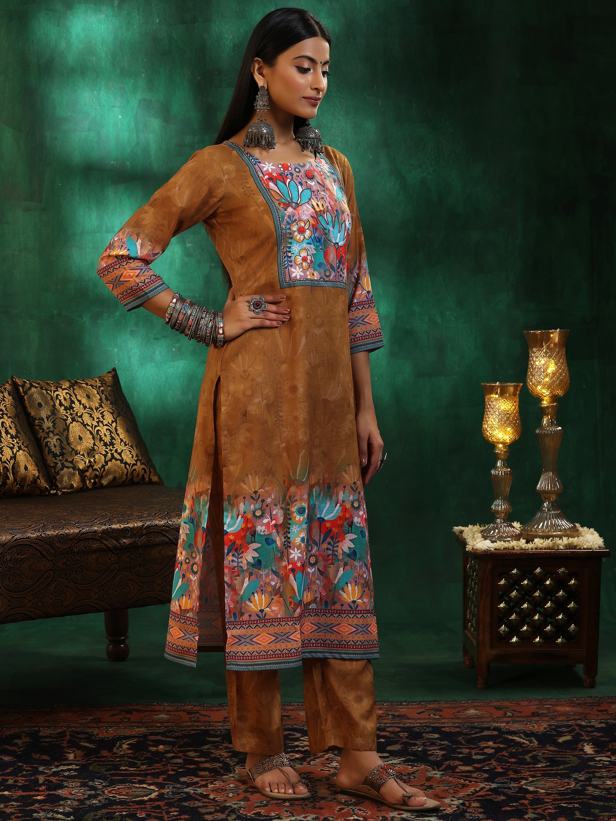 Mustard Printed Linen Straight Suit With Dupatta