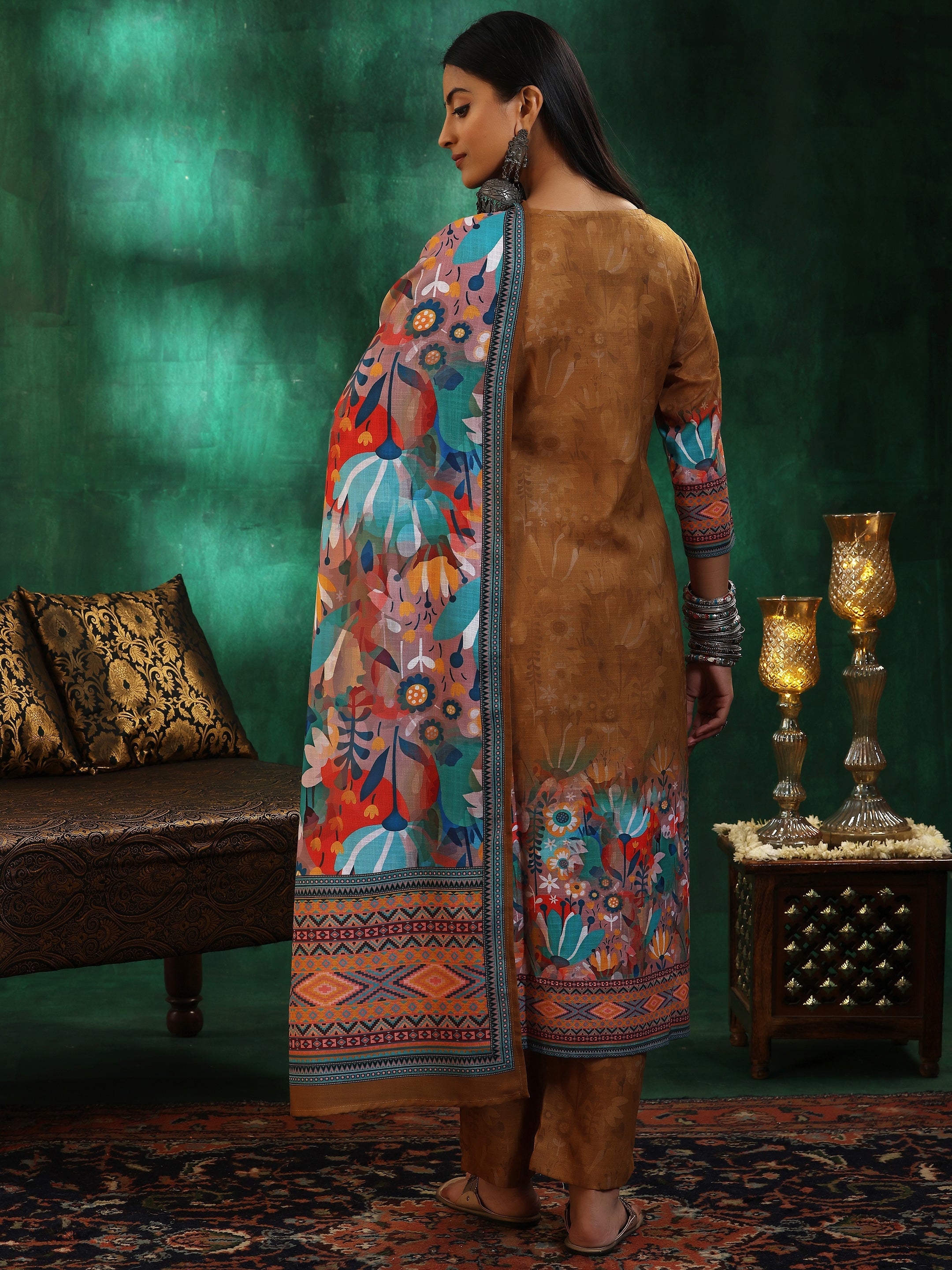 Mustard Printed Linen Straight Suit With Dupatta