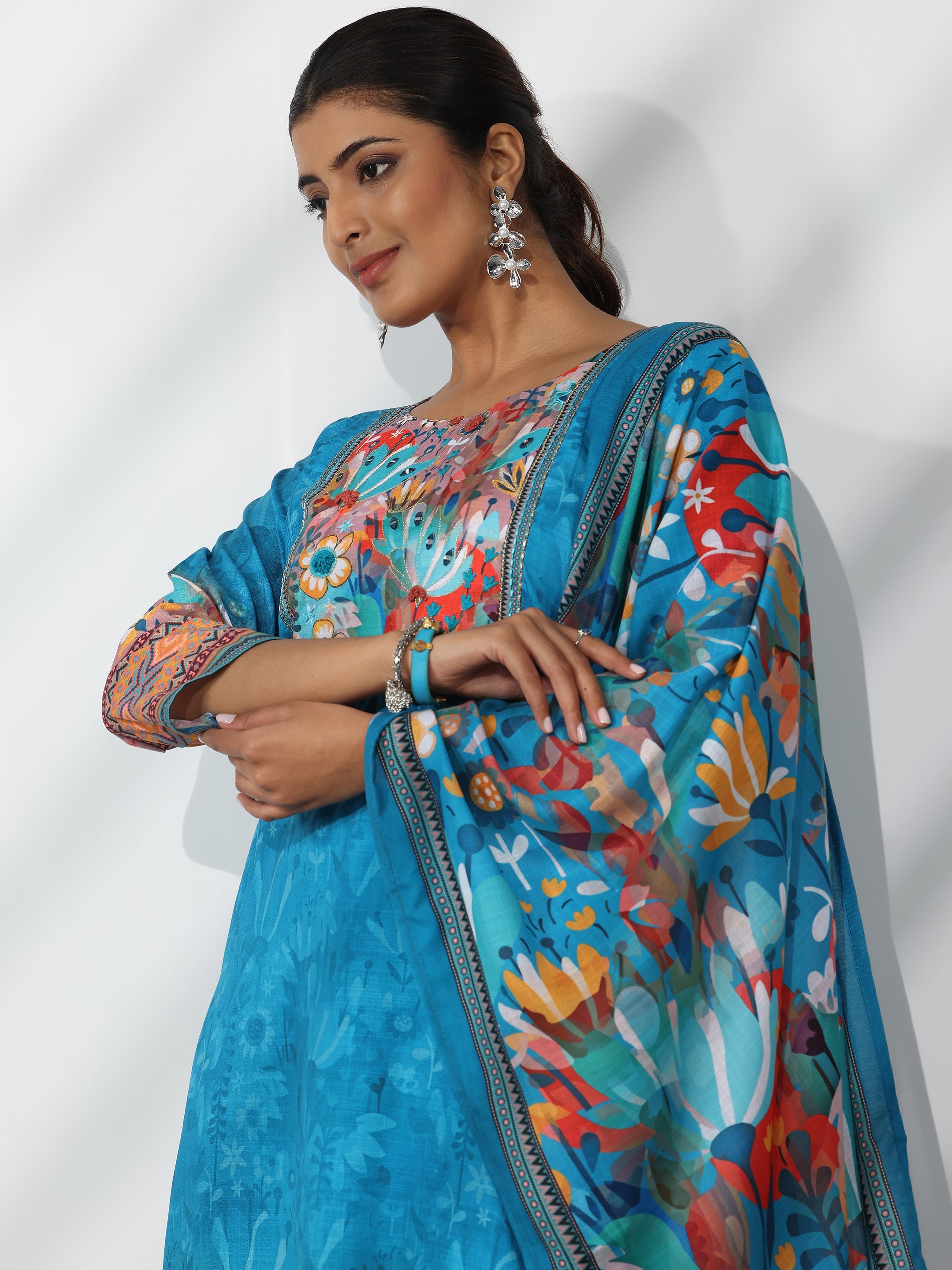 Blue Printed Linen Straight Suit With Dupatta