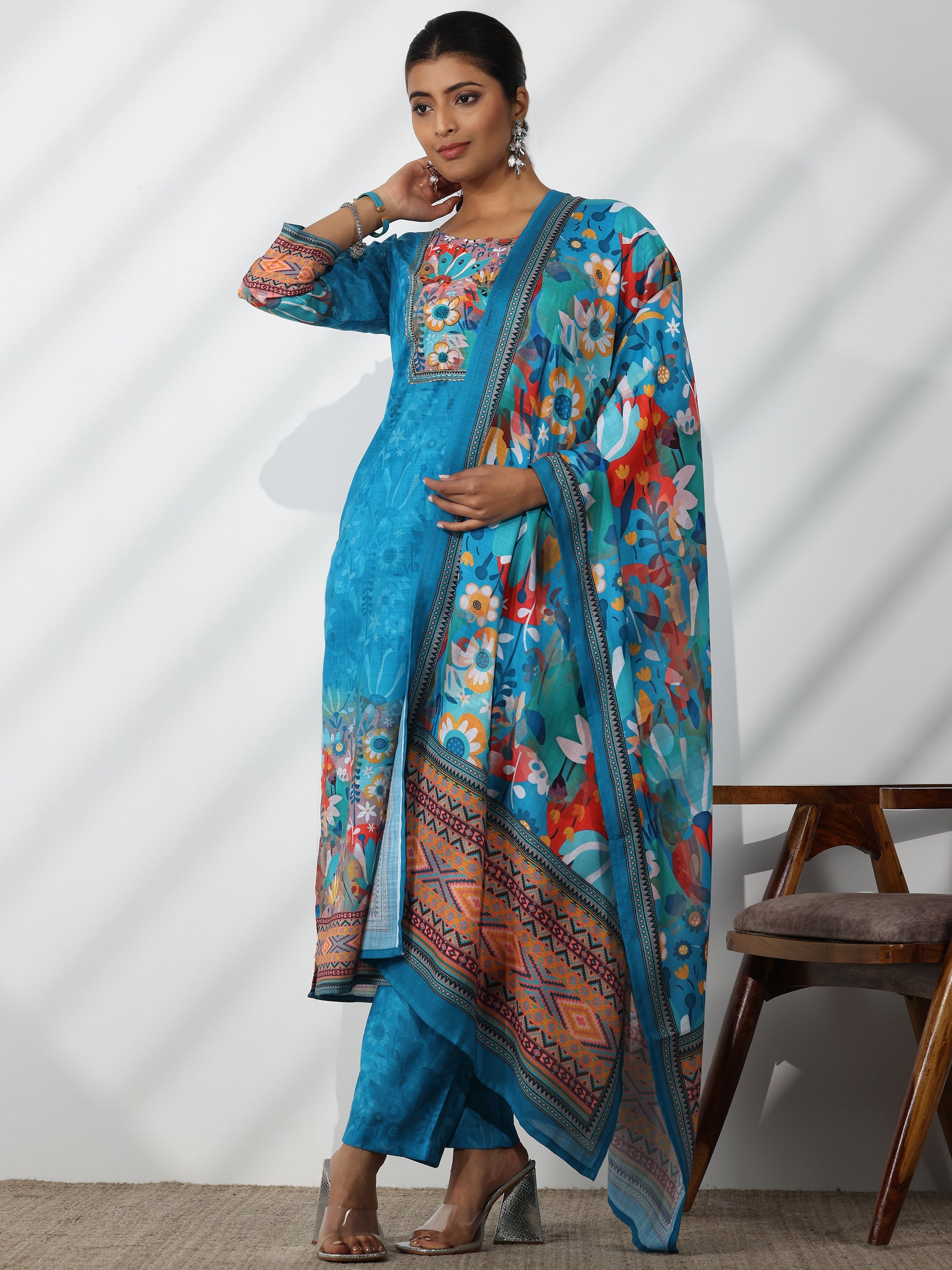 Blue Printed Linen Straight Suit With Dupatta