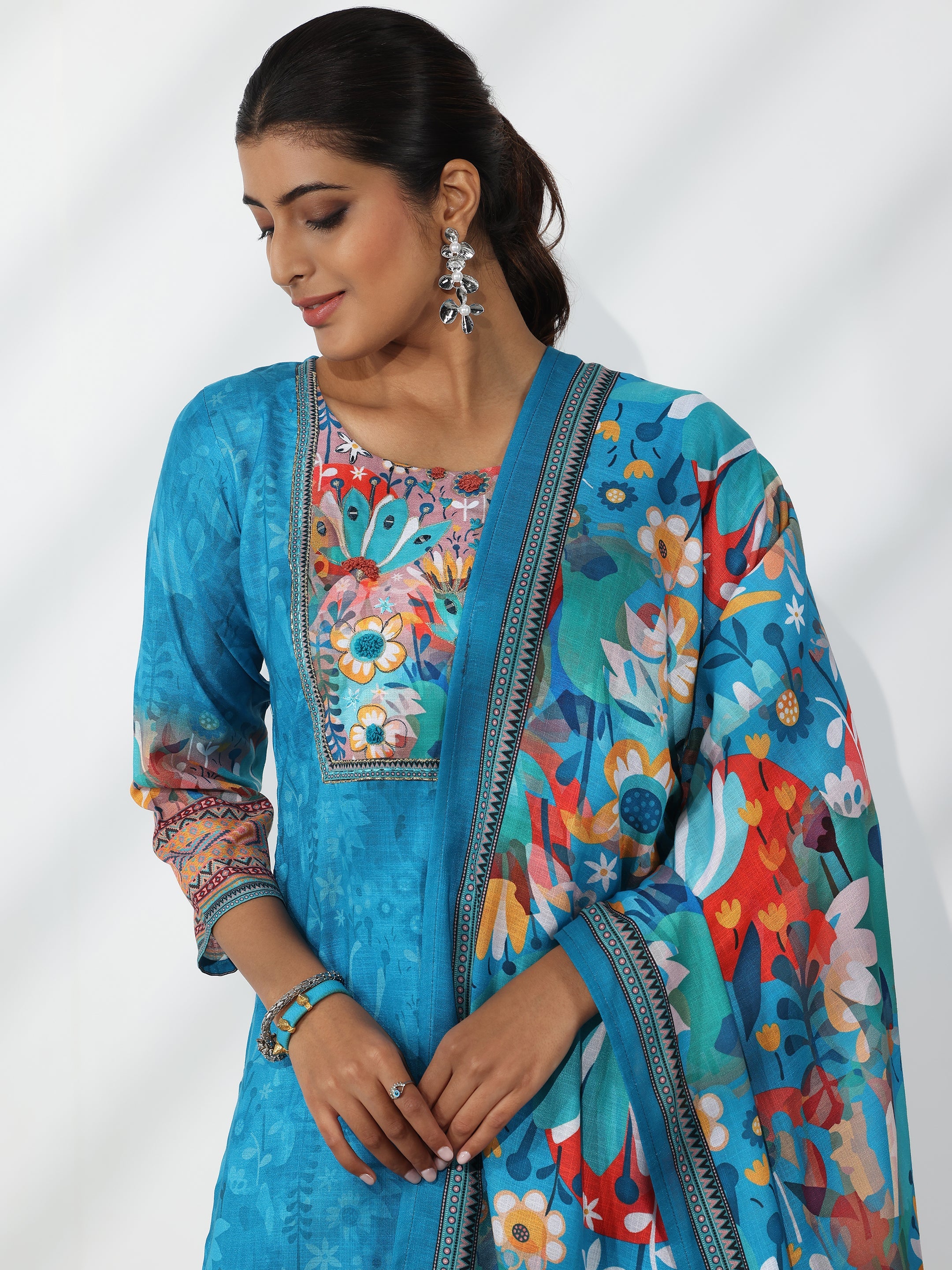 Blue Printed Linen Straight Suit With Dupatta