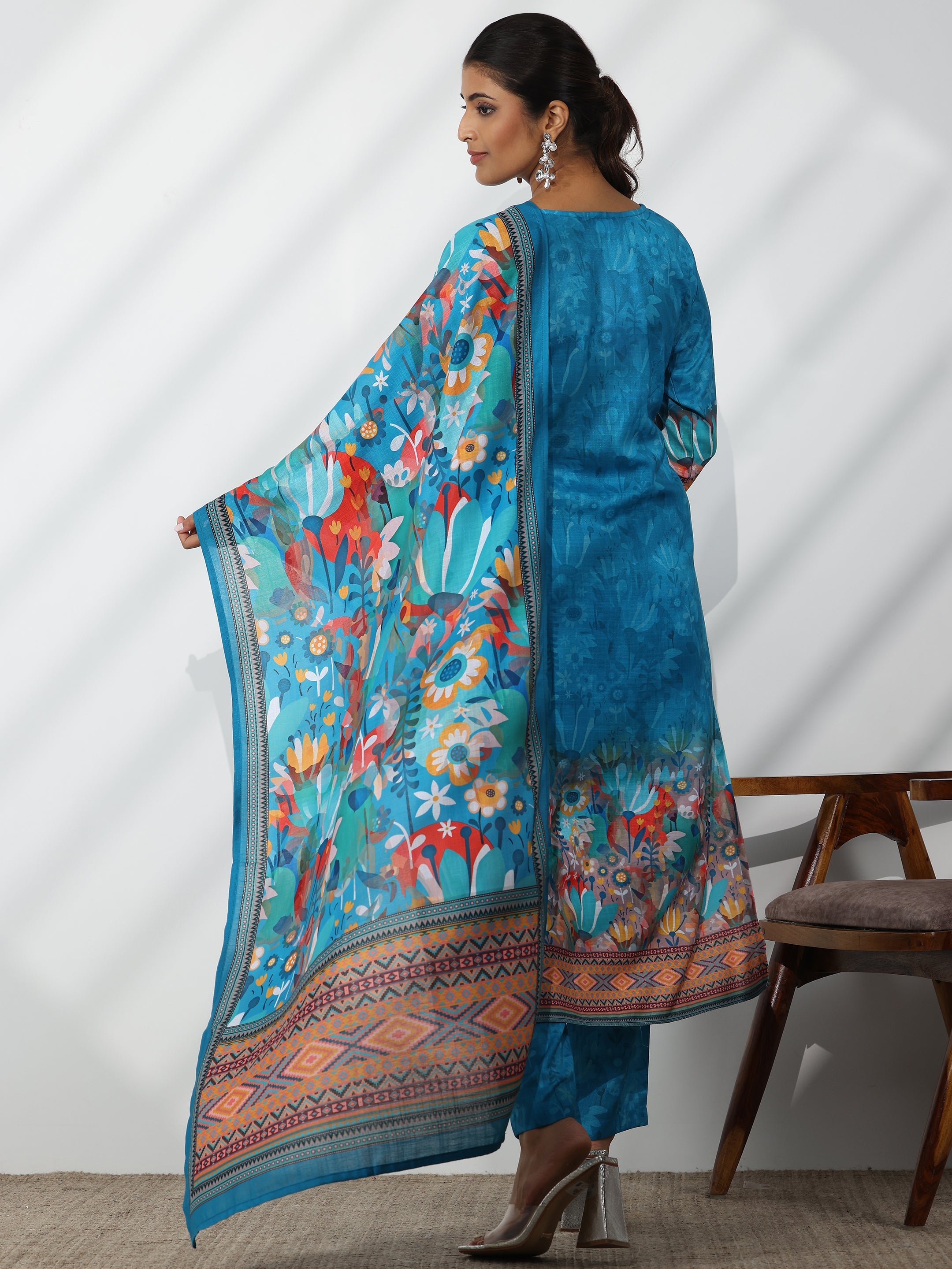 Blue Printed Linen Straight Suit With Dupatta