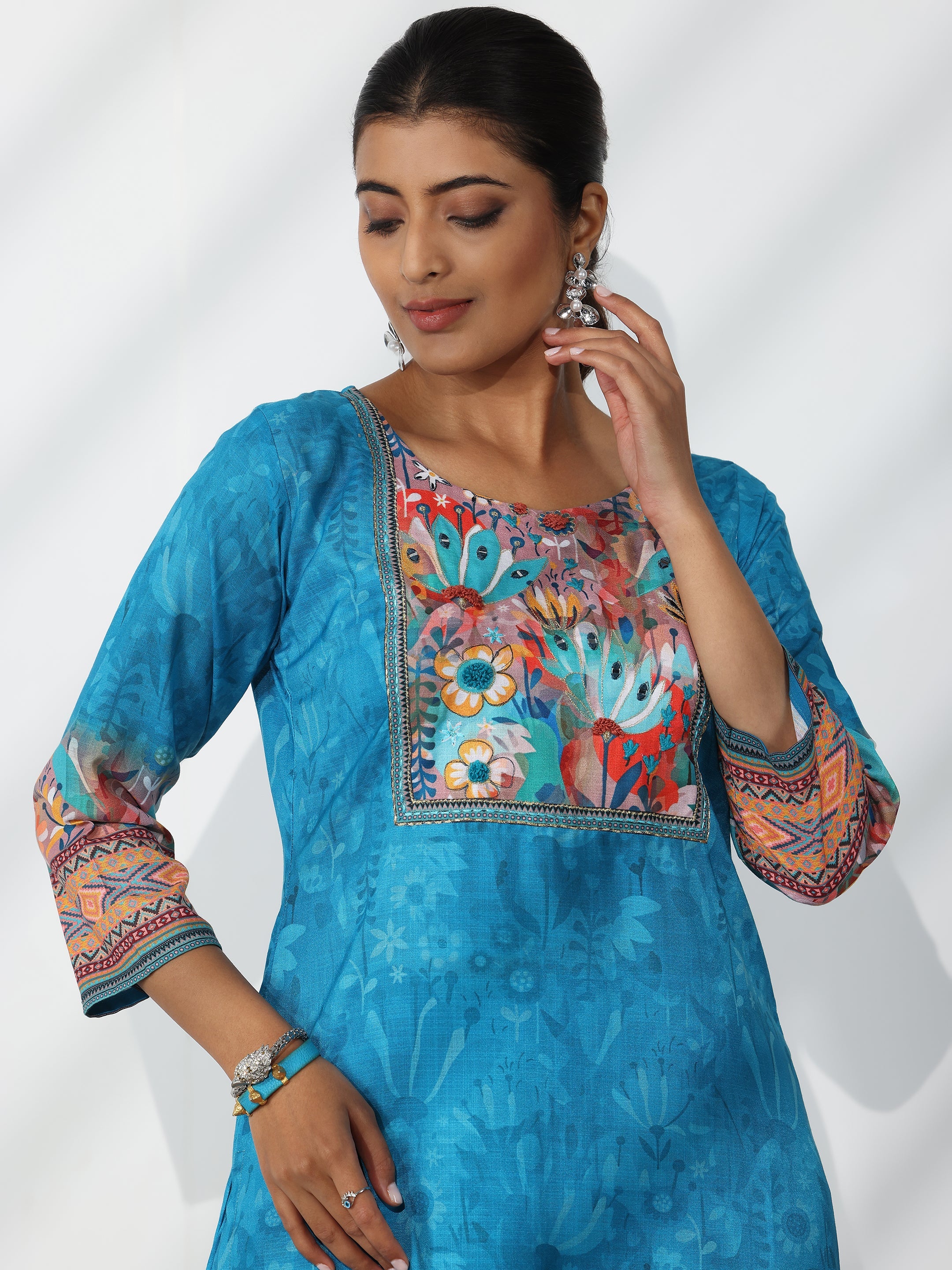 Blue Printed Linen Straight Suit With Dupatta