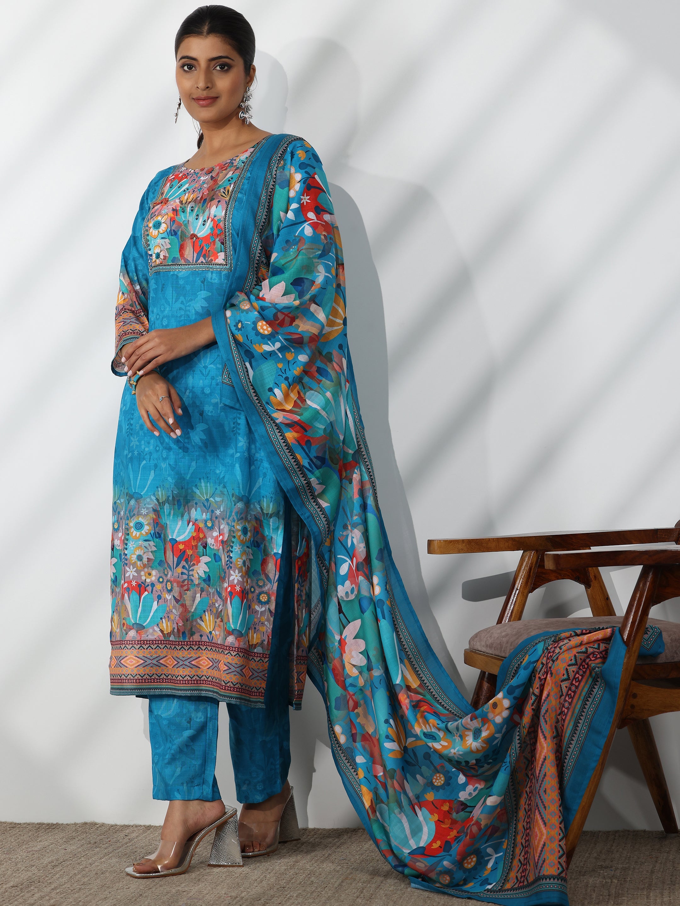 Blue Printed Linen Straight Suit With Dupatta