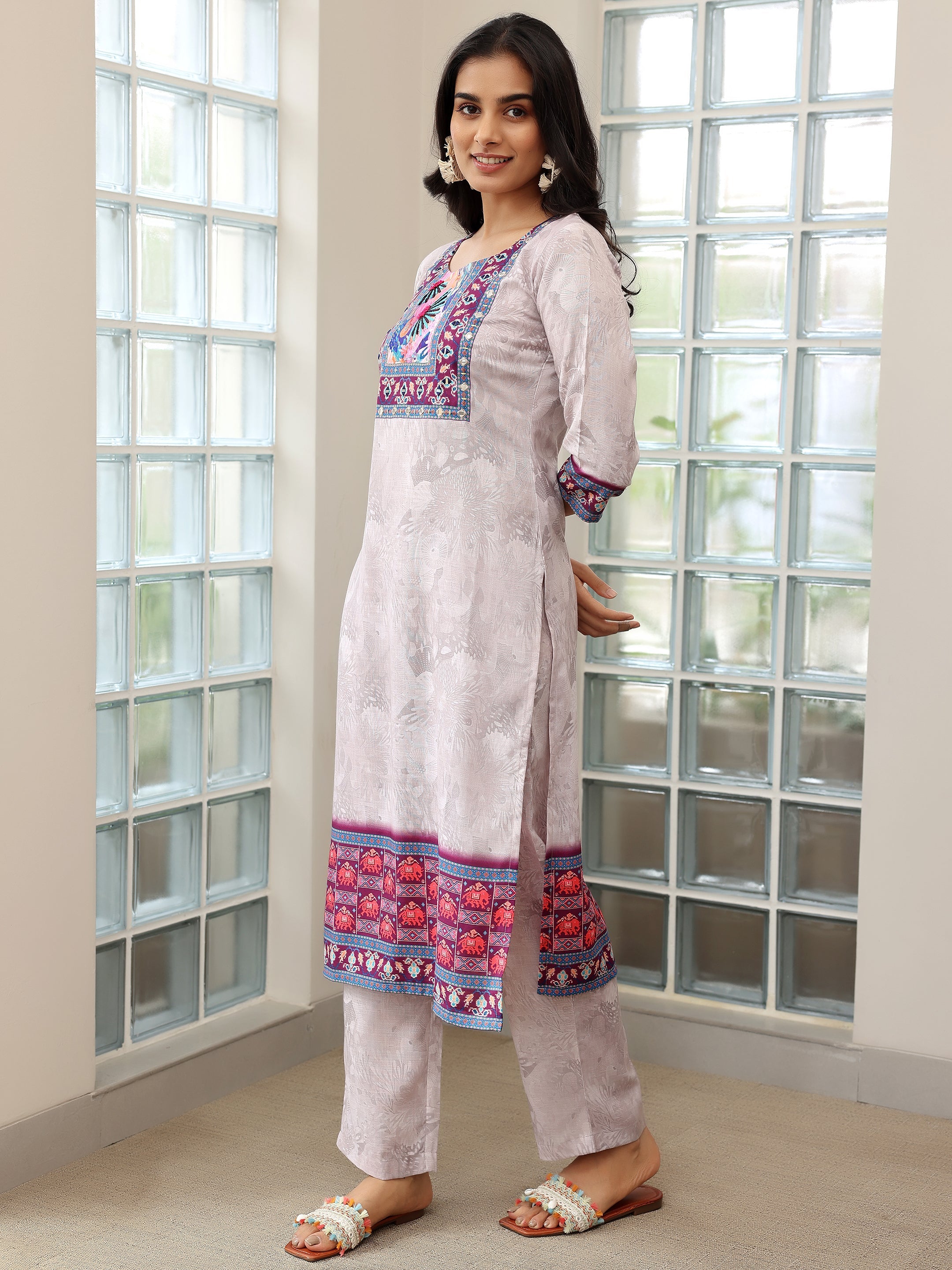 Grey Printed Linen Straight Suit With Dupatta