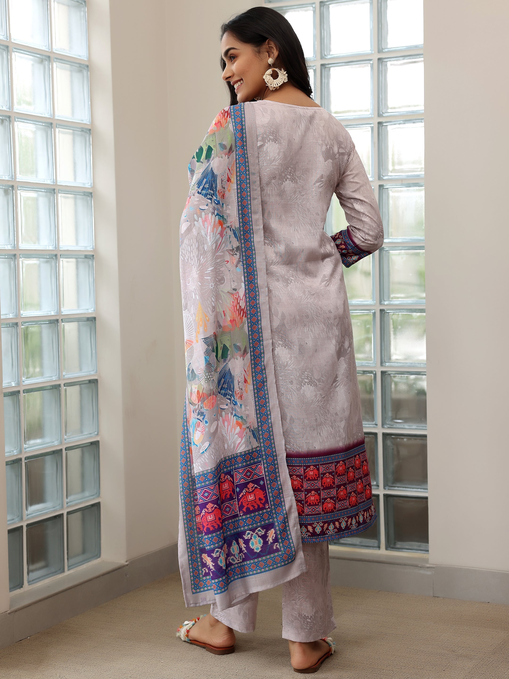 Grey Printed Linen Straight Suit With Dupatta