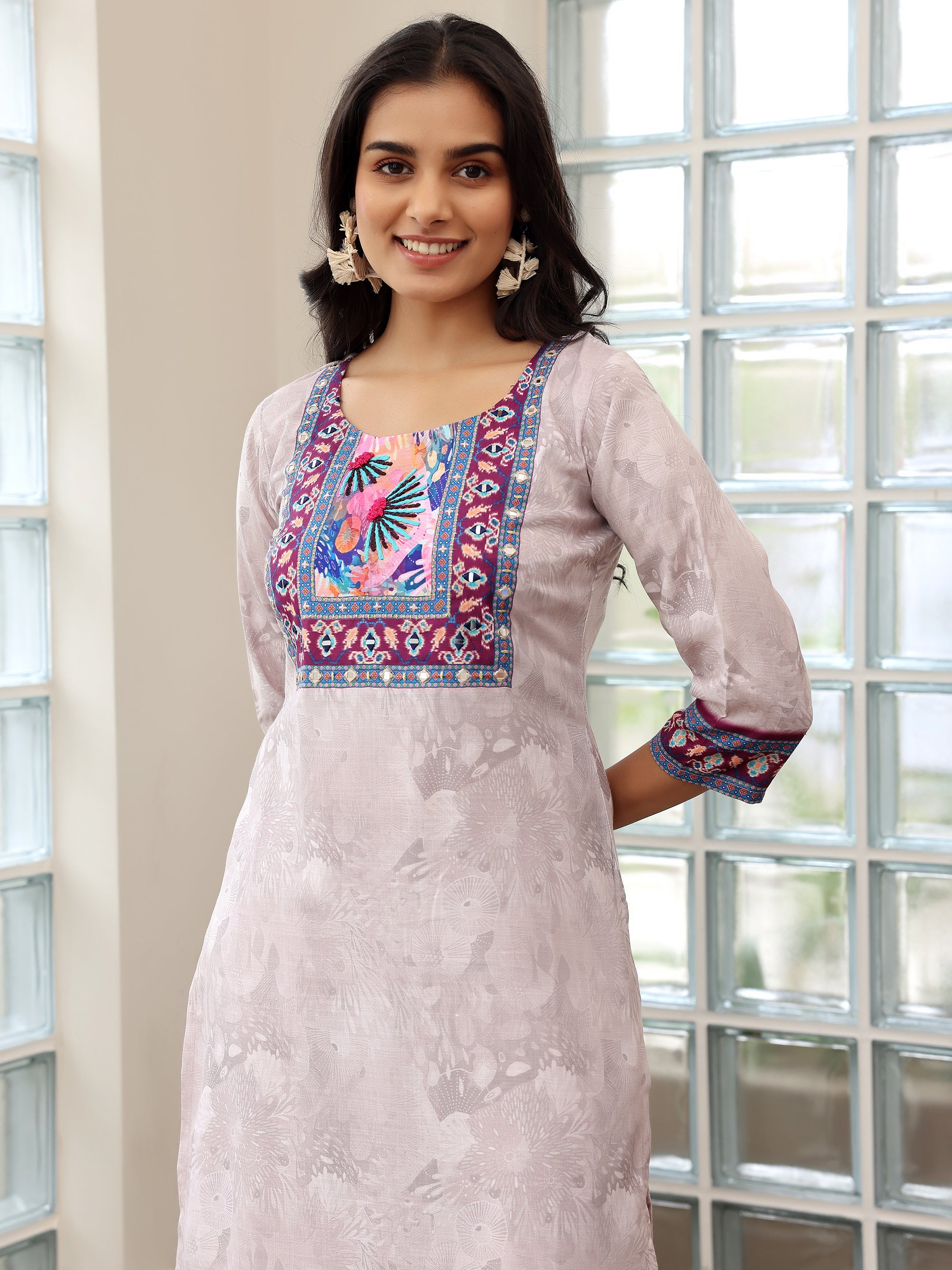 Grey Printed Linen Straight Suit With Dupatta