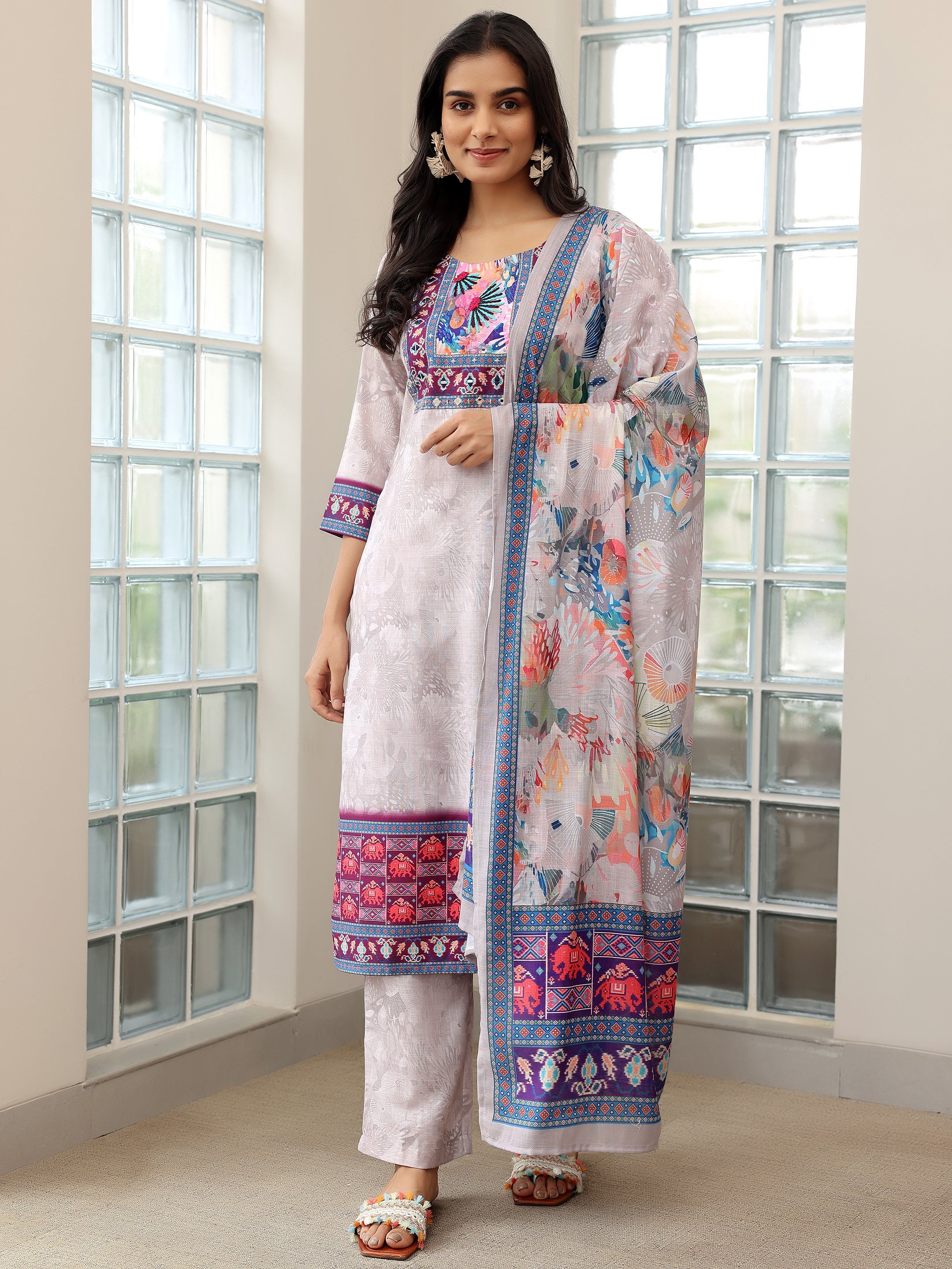 Grey Printed Linen Straight Suit With Dupatta