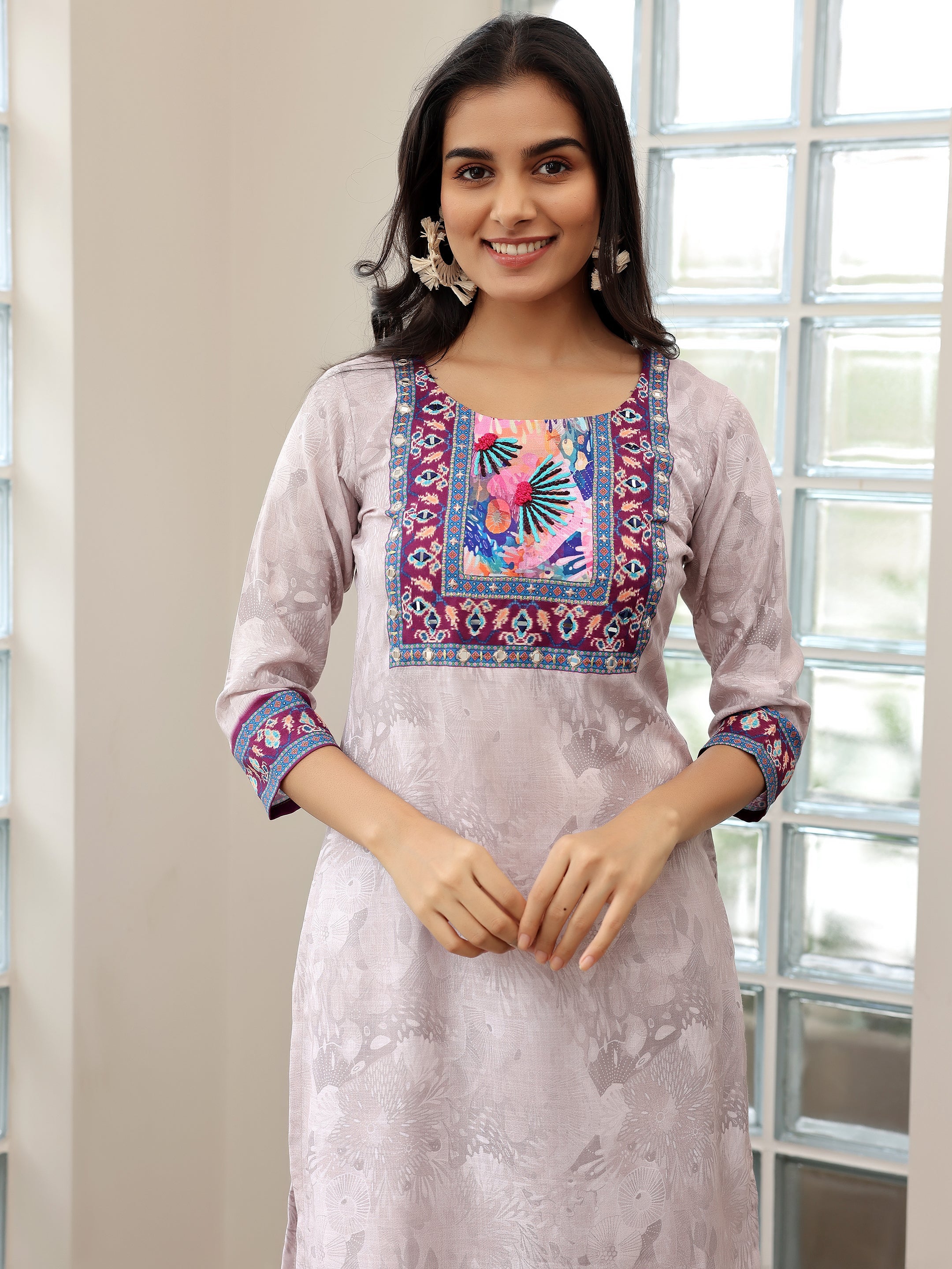 Grey Printed Linen Straight Suit With Dupatta