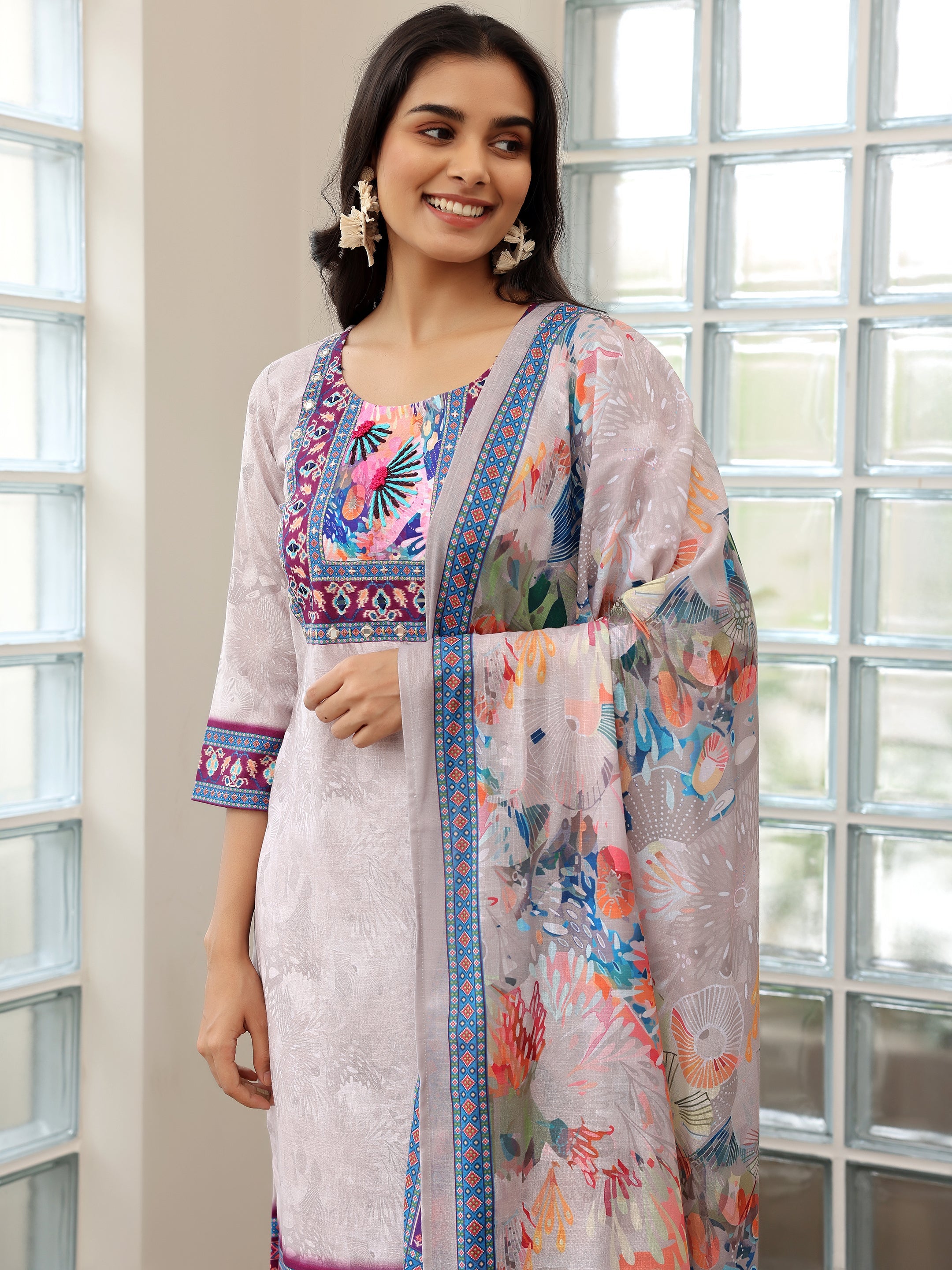 Grey Printed Linen Straight Suit With Dupatta