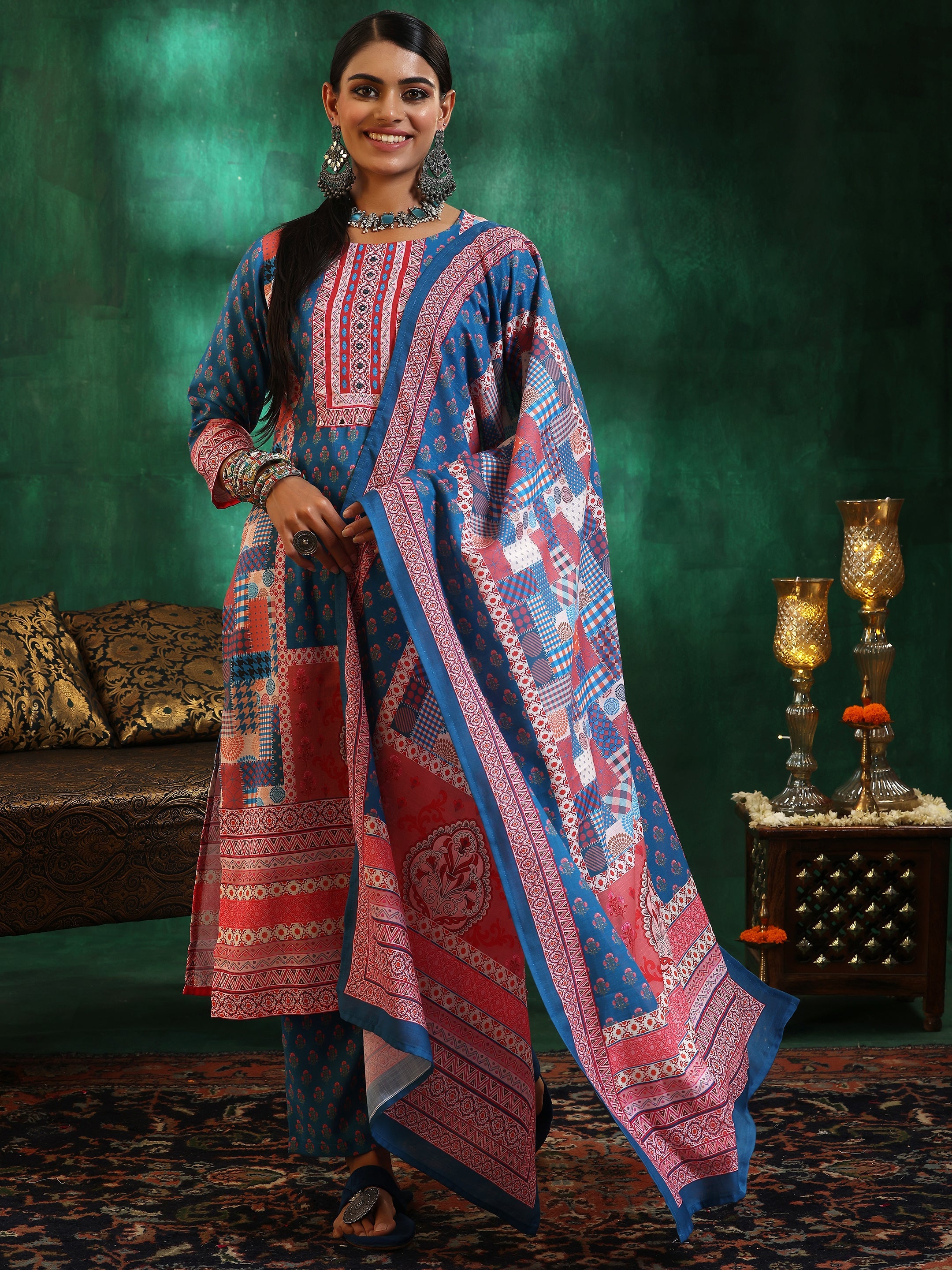 Multicoloured Printed Linen Straight Suit With Dupatta