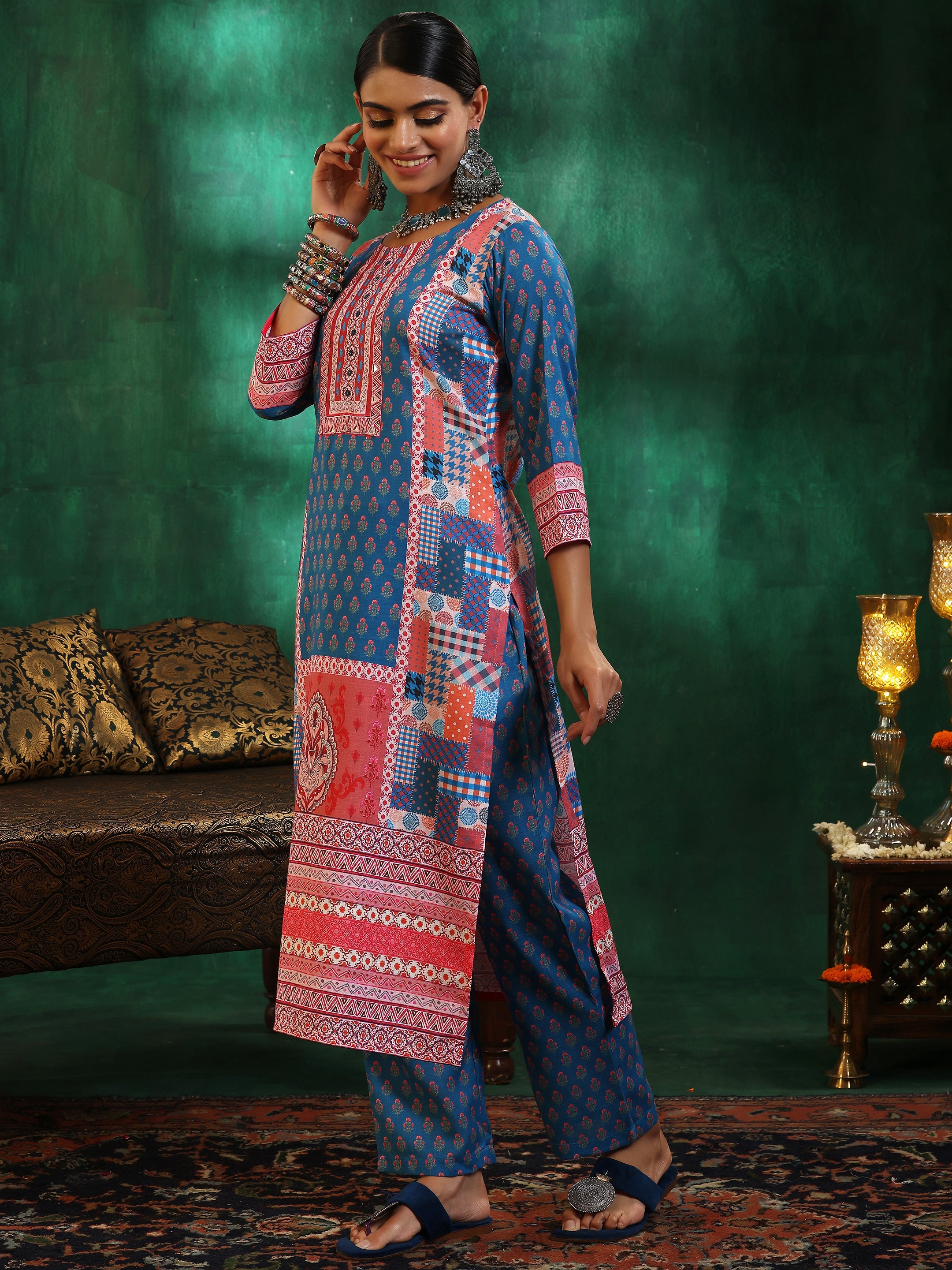 Multicoloured Printed Linen Straight Suit With Dupatta