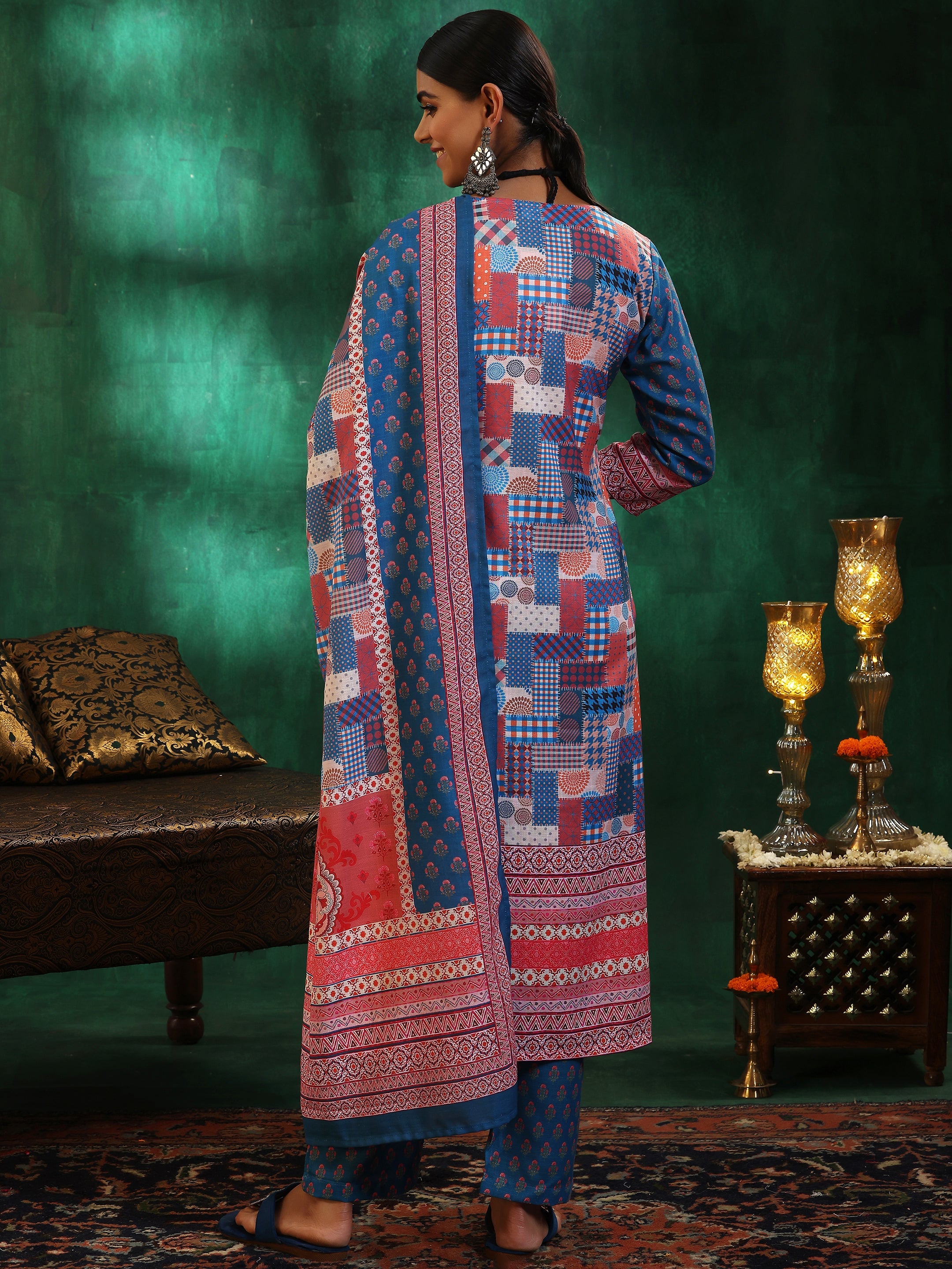 Multicoloured Printed Linen Straight Suit With Dupatta