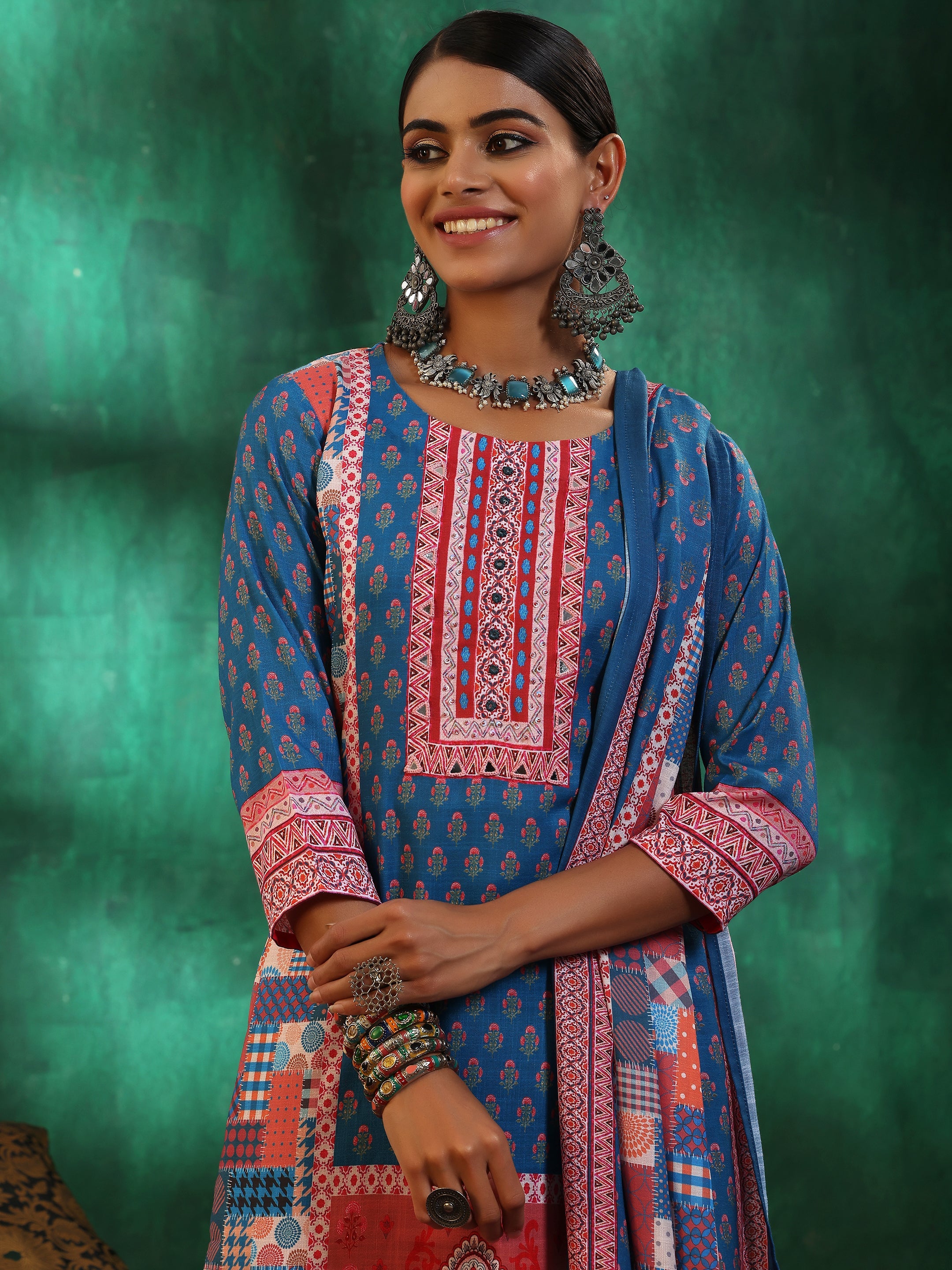 Multicoloured Printed Linen Straight Suit With Dupatta