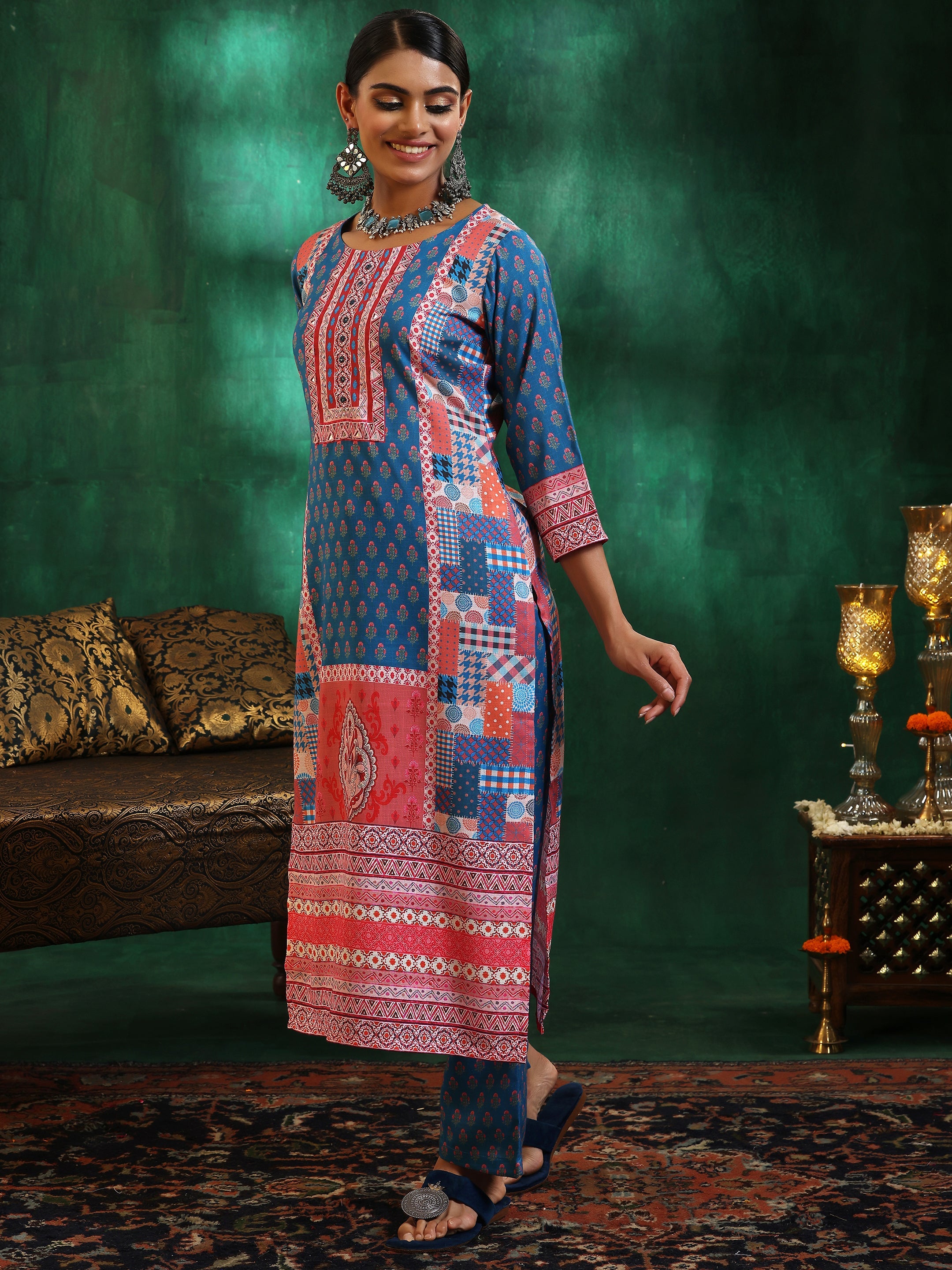 Multicoloured Printed Linen Straight Suit With Dupatta