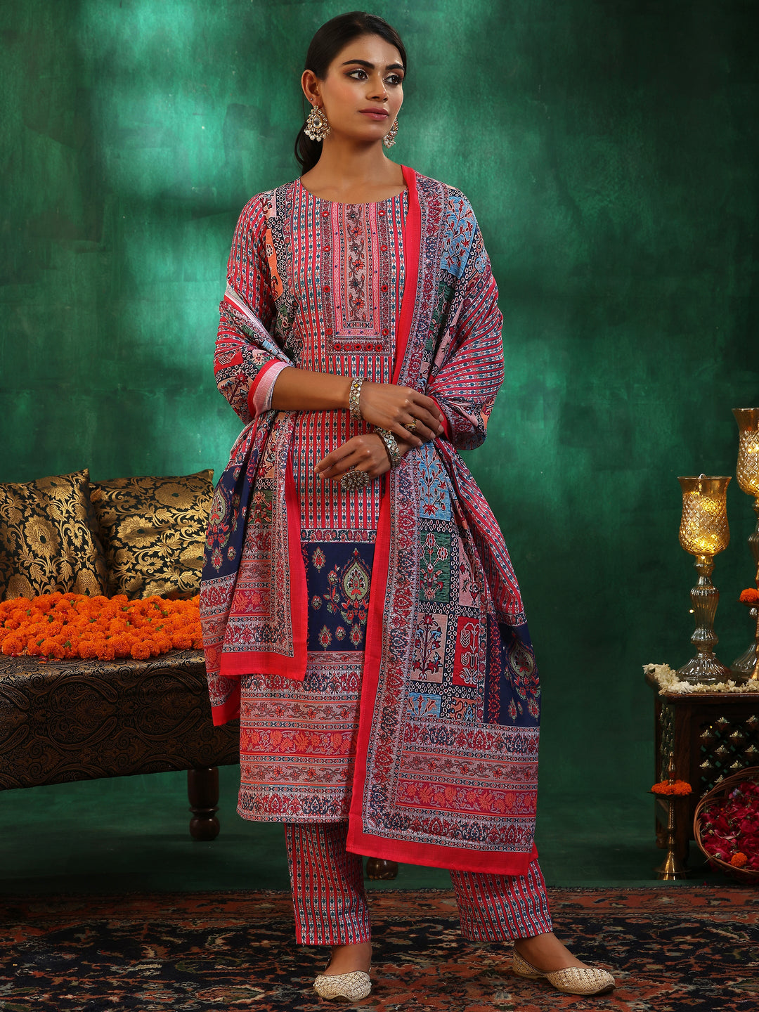 Multicoloured Printed Linen Straight Suit With Dupatta