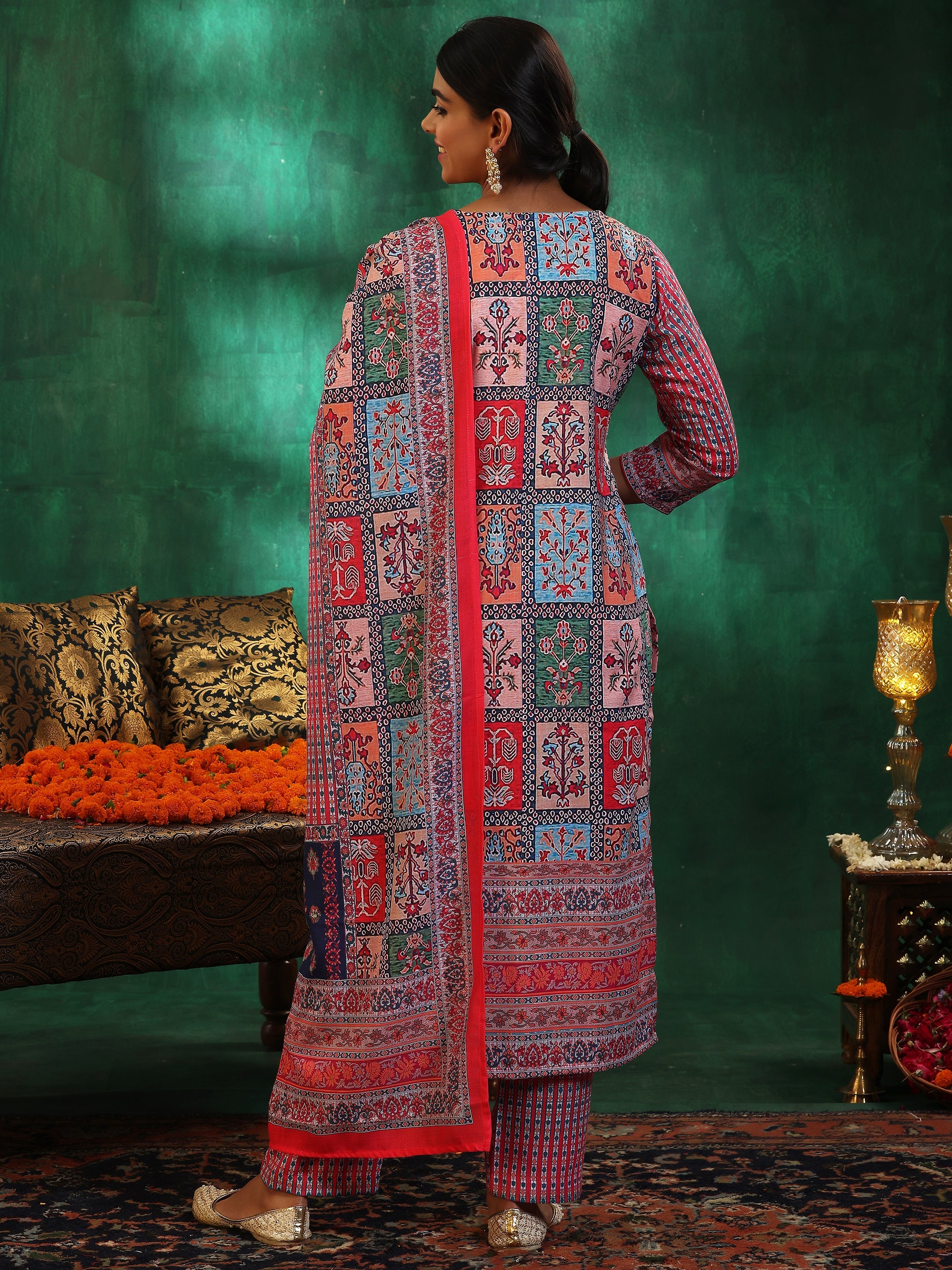 Multicoloured Printed Linen Straight Suit With Dupatta