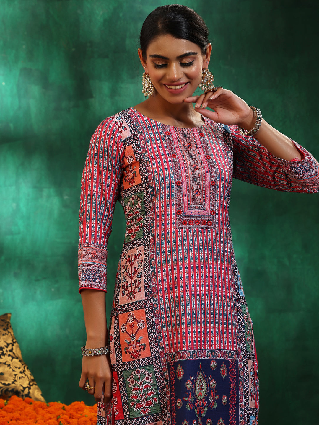 Multicoloured Printed Linen Straight Suit With Dupatta