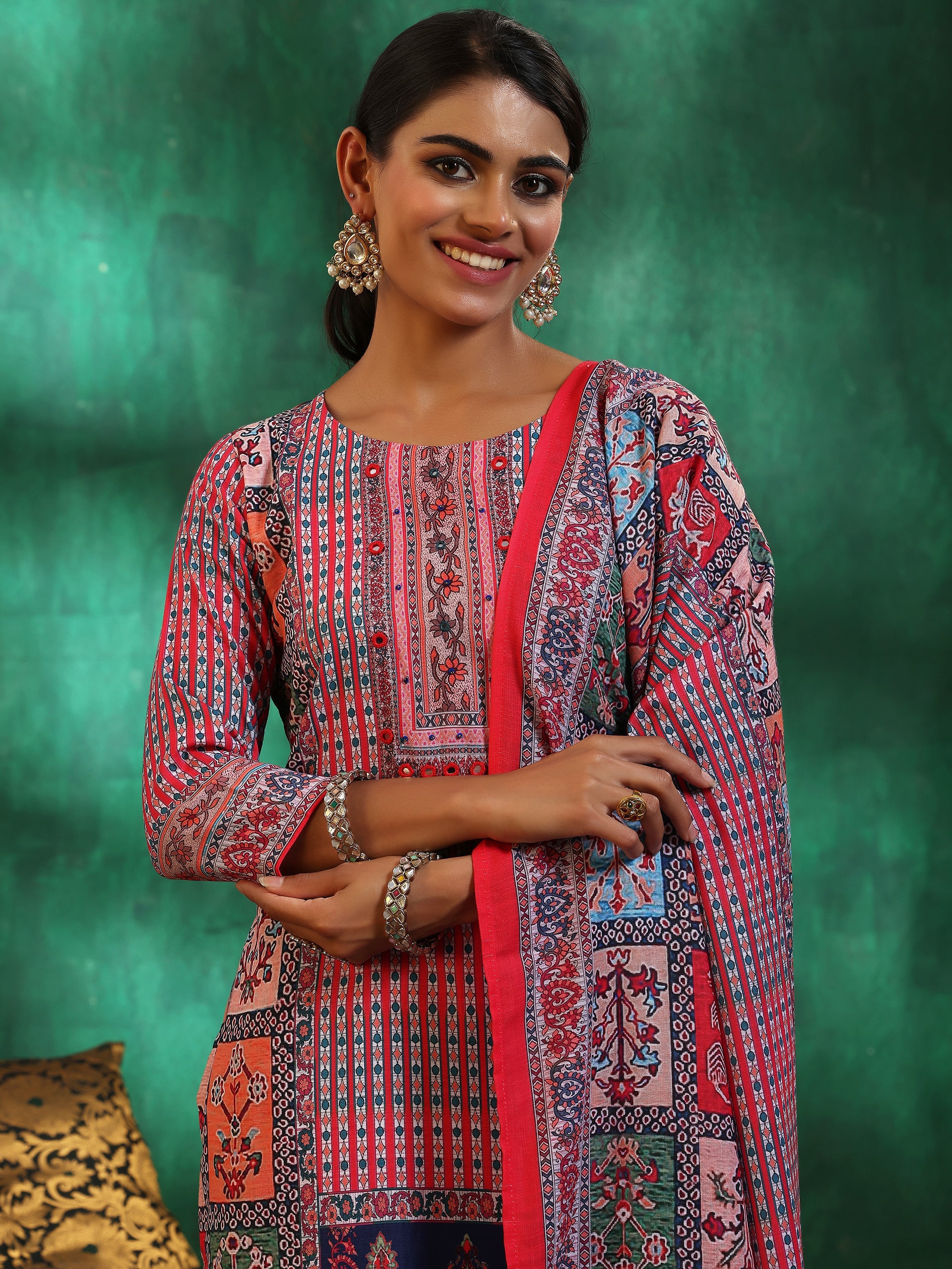 Multicoloured Printed Linen Straight Suit With Dupatta