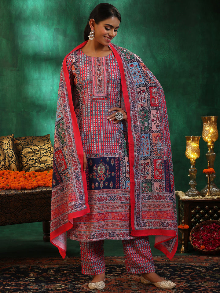 Multicoloured Printed Linen Straight Suit With Dupatta