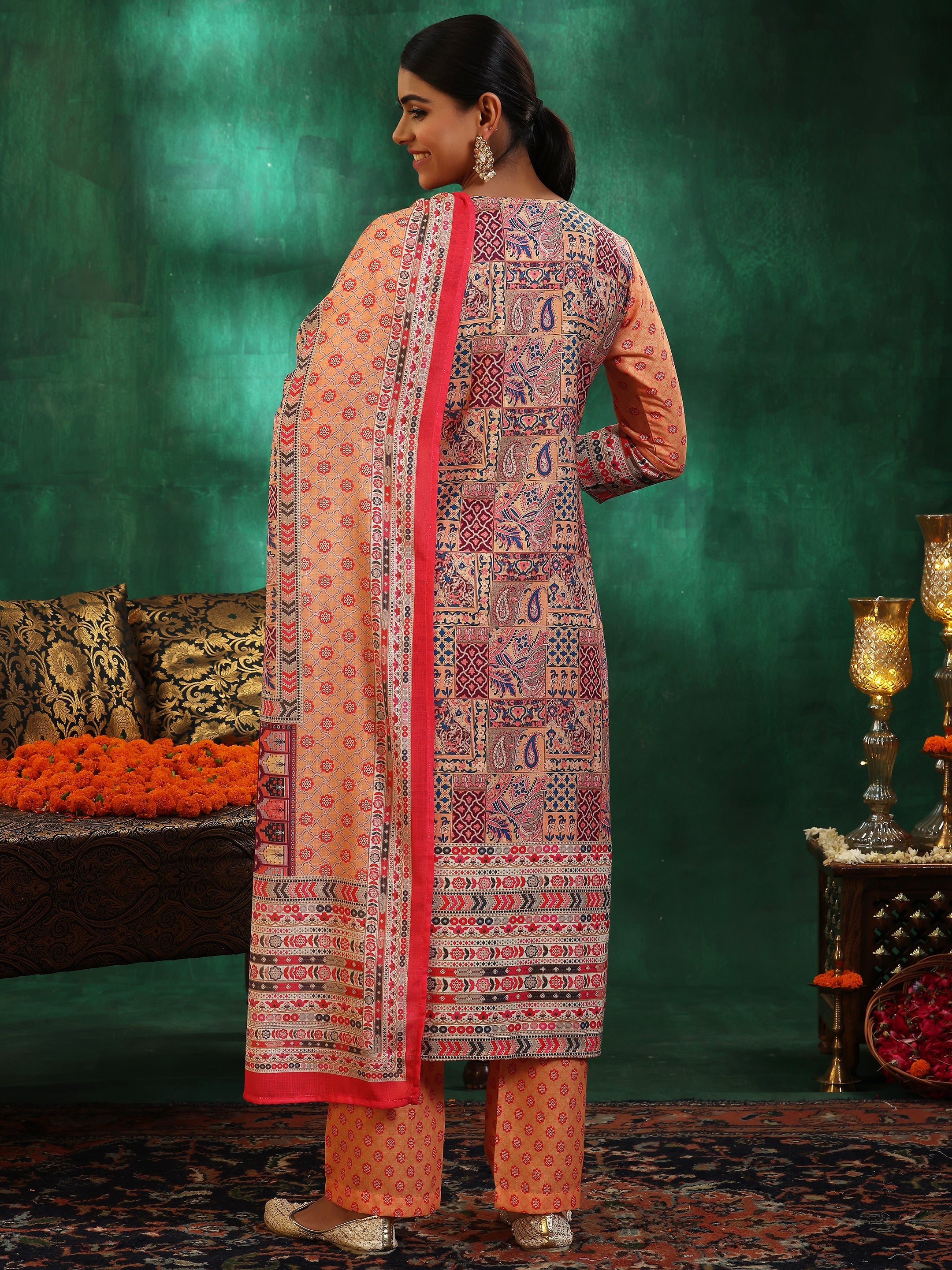 Multicoloured Printed Linen Straight Suit With Dupatta