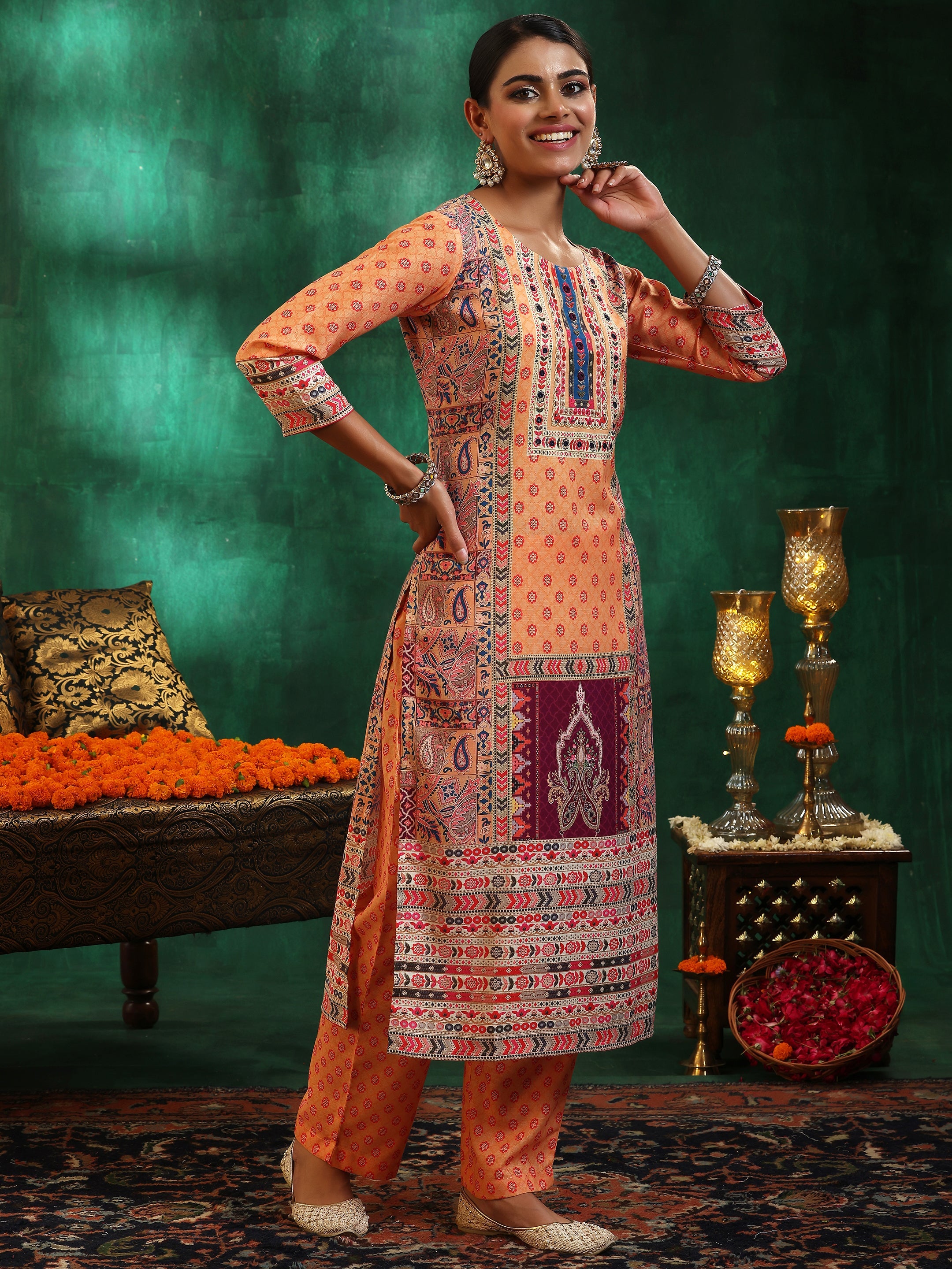 Multicoloured Printed Linen Straight Suit With Dupatta